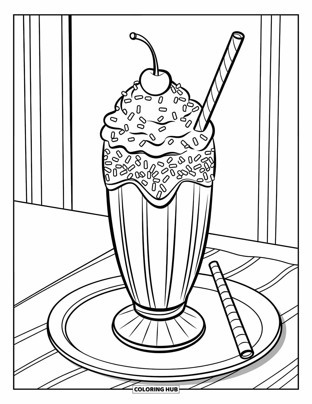 Coloriage de boisson pour enfants : Un grand verre de milkshake avec de la crème fouettée, des vermicelles et une cerise est posé sur une assiette