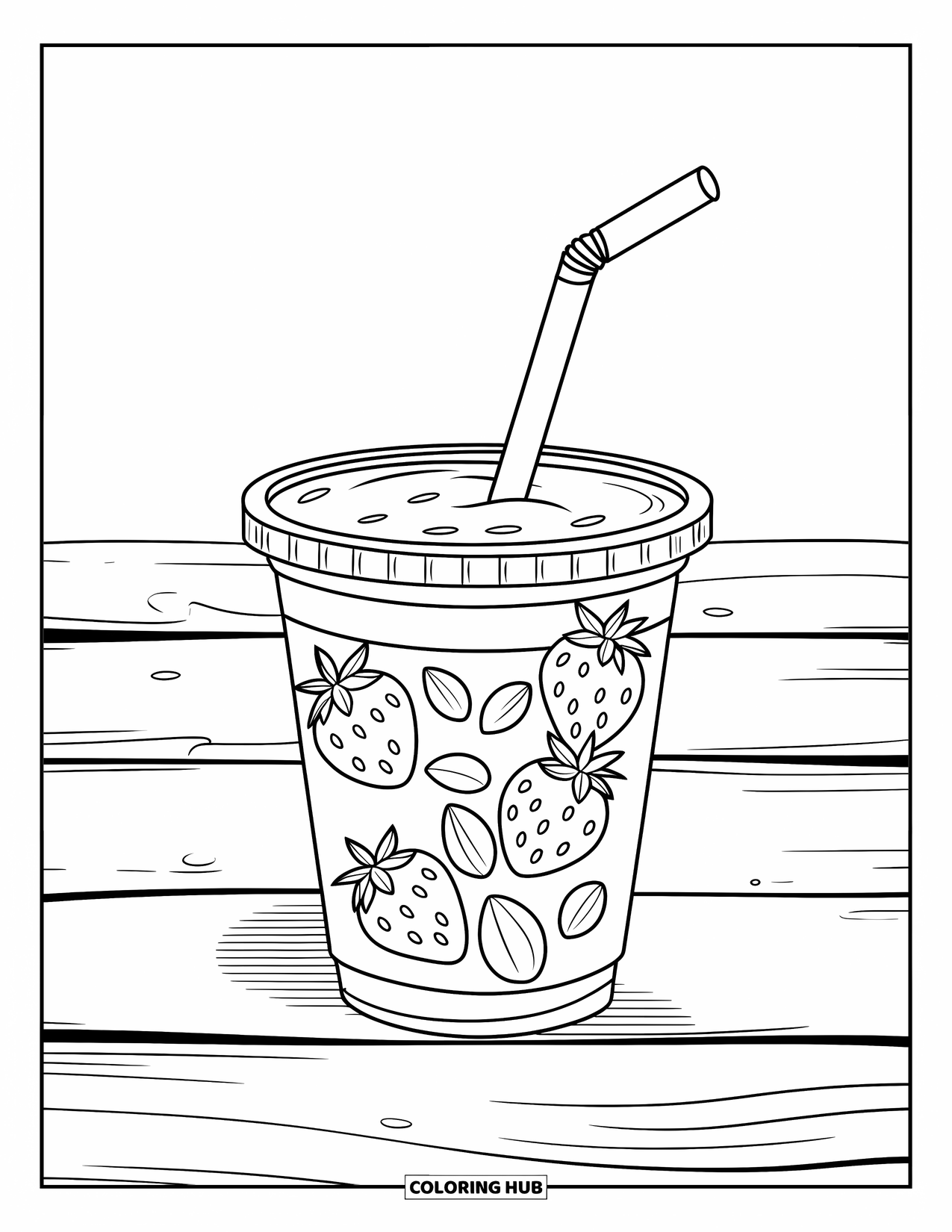 Coloriage de boisson pour enfants : Un smoothie épais aux fraises dans un gobelet en plastique avec une paille est posé sur une surface en bois