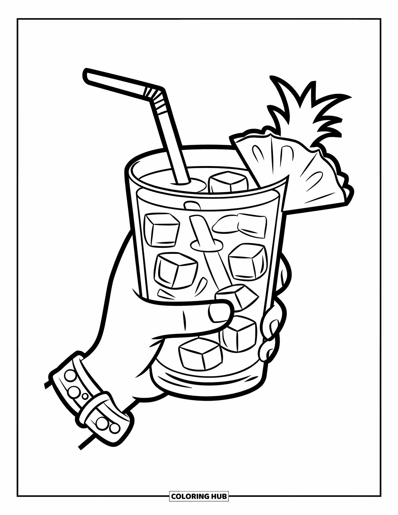 Coloriage de boisson pour enfants : Un verre de jus tropical avec de l'ananas et une paille est tenu par une main portant un bracelet