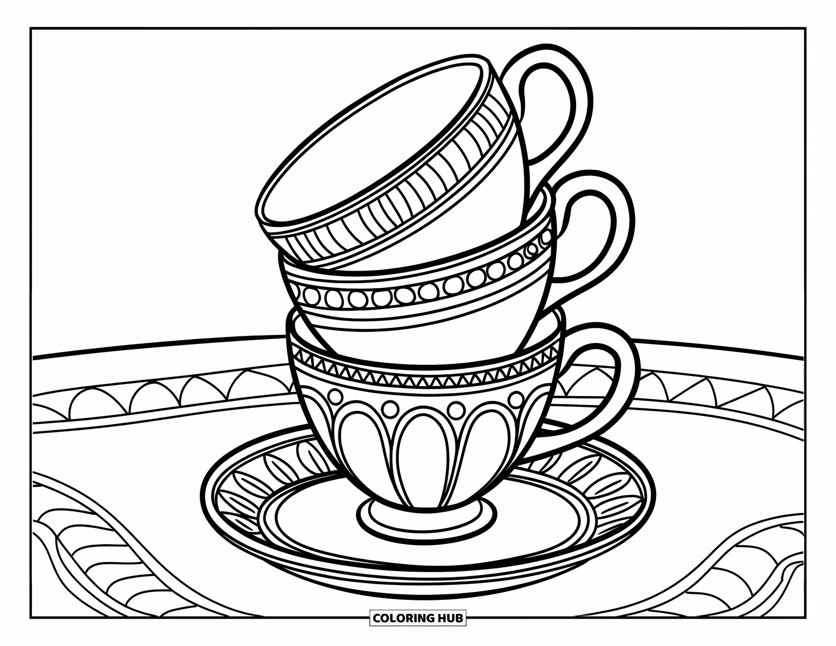 Coloriage de boisson pour enfants : Une pile fantaisiste de tasses à thé avec des motifs complexes est en équilibre sur un plateau en bois