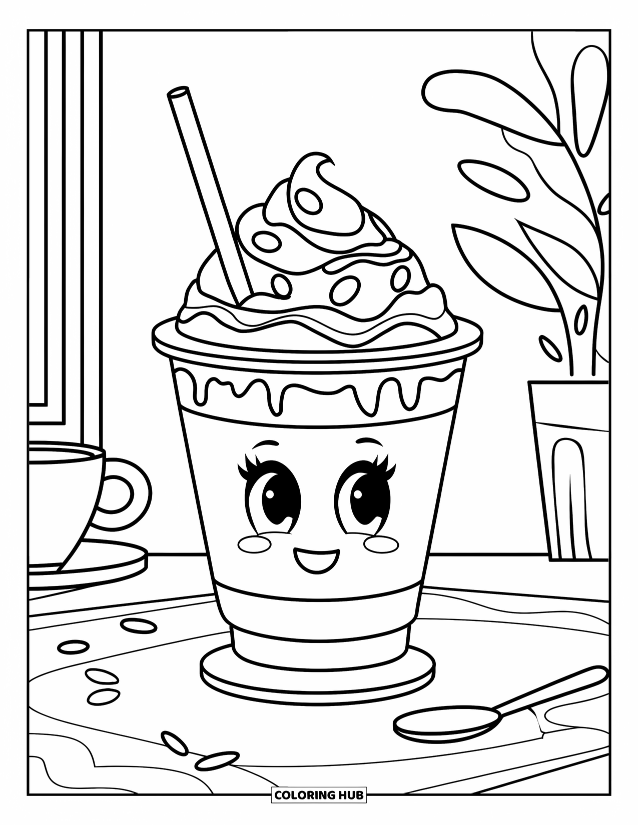 Coloriage de boisson pour enfants : Un café glacé avec un visage mignon et caricatural est servi dans un café avec une plante et une cuillère