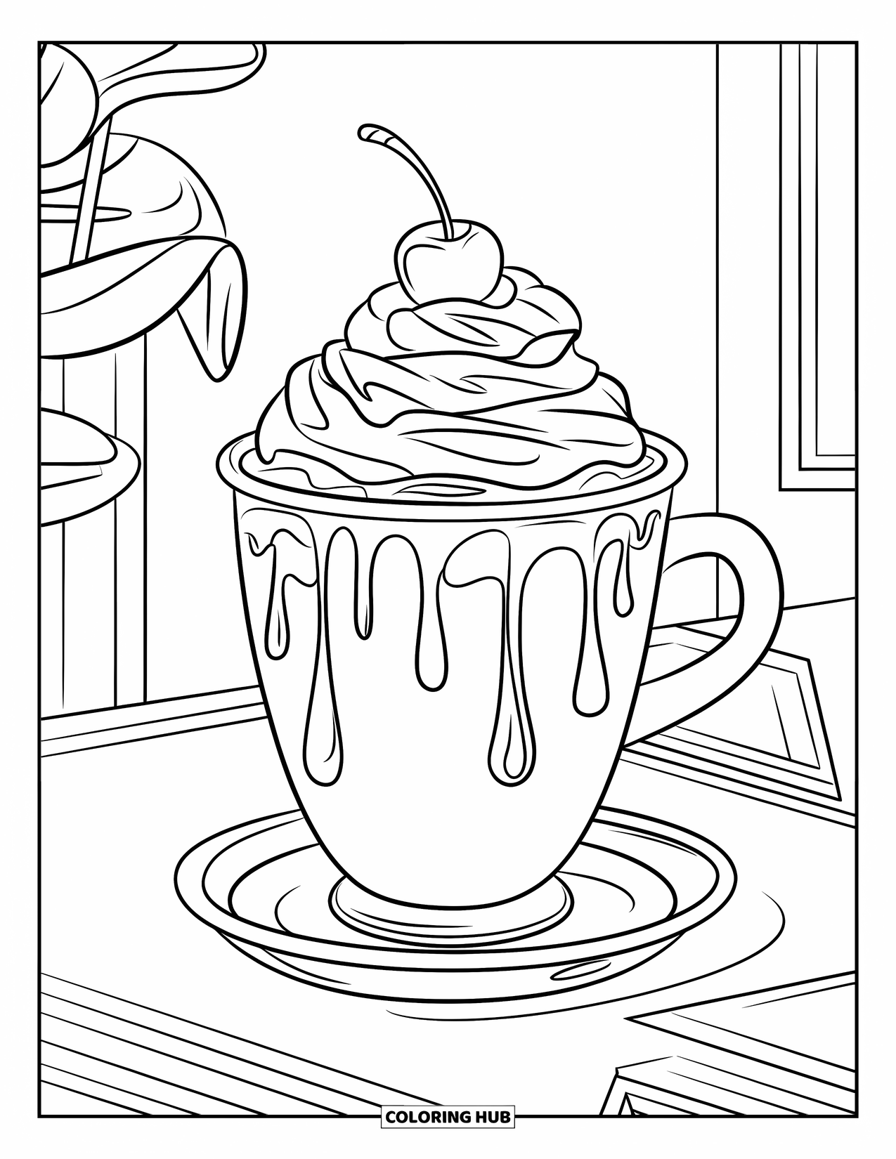 Coloriage de boisson pour enfants : Un café glacé avec de la crème fouettée et un filet de caramel est servi dans une tasse avec une cerise sur le dessus