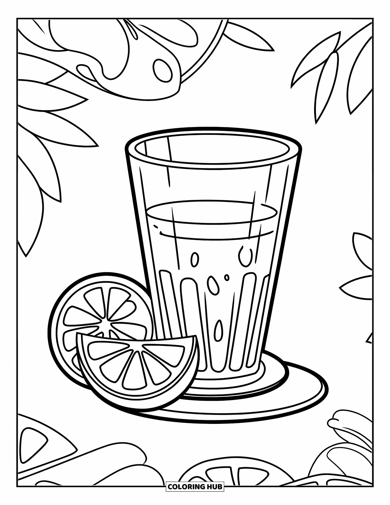 Coloriage de boisson pour enfants : Un verre de jus d'orange avec deux tranches est posé sur une base circulaire avec des contours nets et audacieux