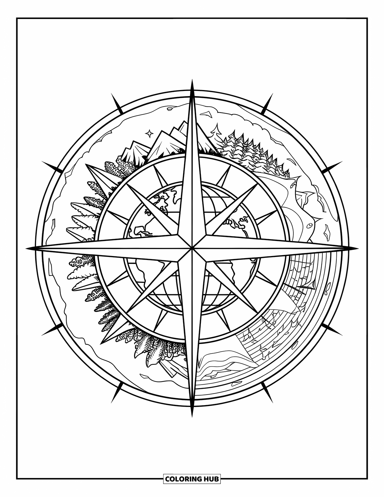 Coloriage Terre pour adultes : une boussole avec la Terre en son centre, montrant des paysages de montagnes, d’océans, de forêts et de déserts