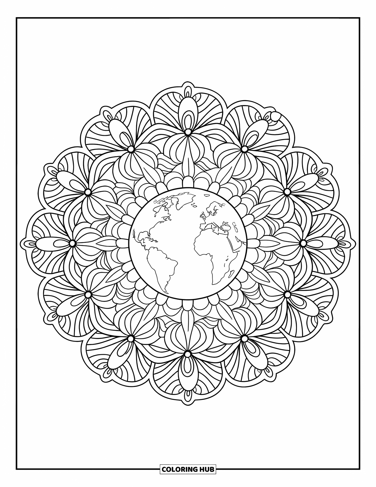 Coloriage Terre pour adultes : un mandala avec la Terre au centre, entouré de motifs floraux complexes et de contours audacieux