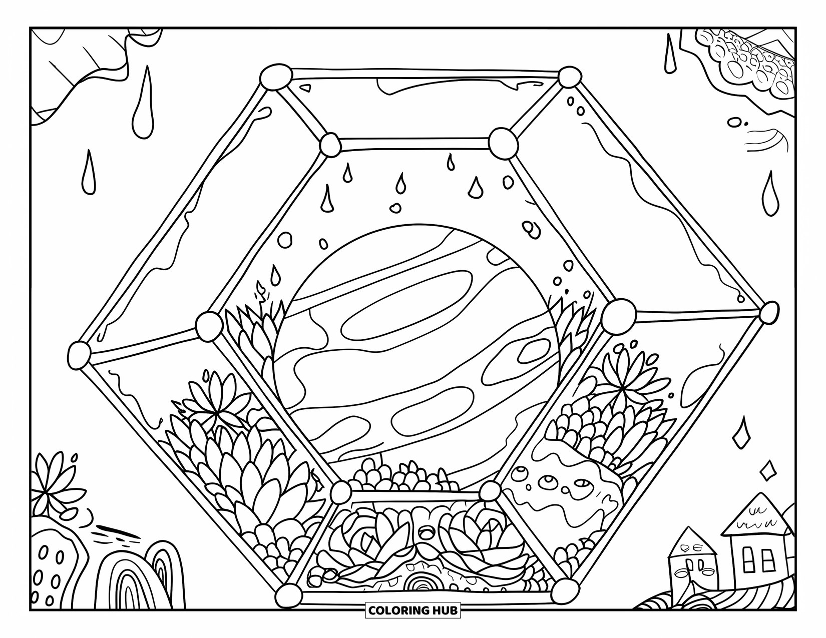 Coloriage Terre pour adultes : une planète dans un terrarium géométrique avec des plantes succulentes, des fleurs, des gouttelettes d’eau et des éléments mignons