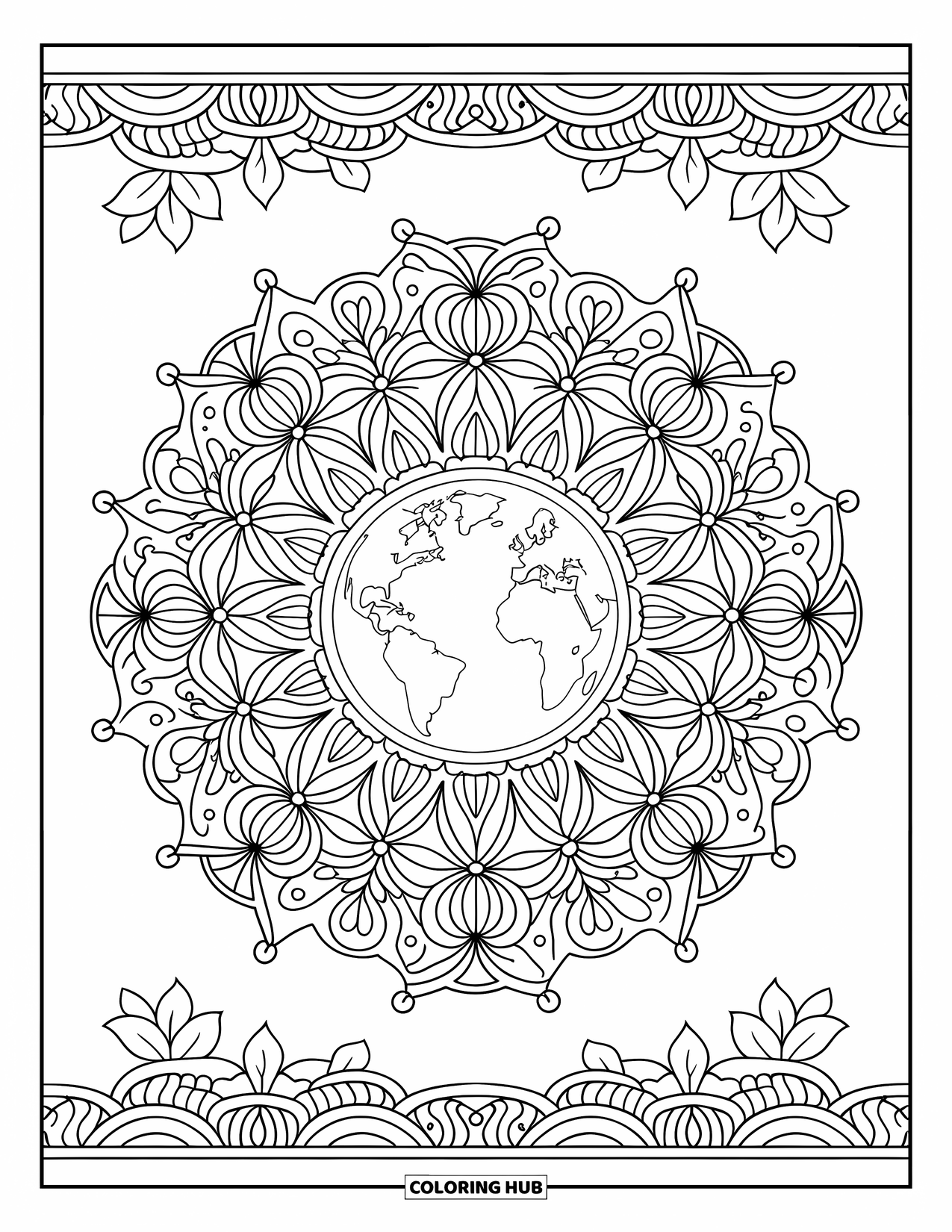 Coloriage Terre pour adultes : la Terre au centre d’un mandala, entourée de motifs floraux complexes et d’un fond blanc et net