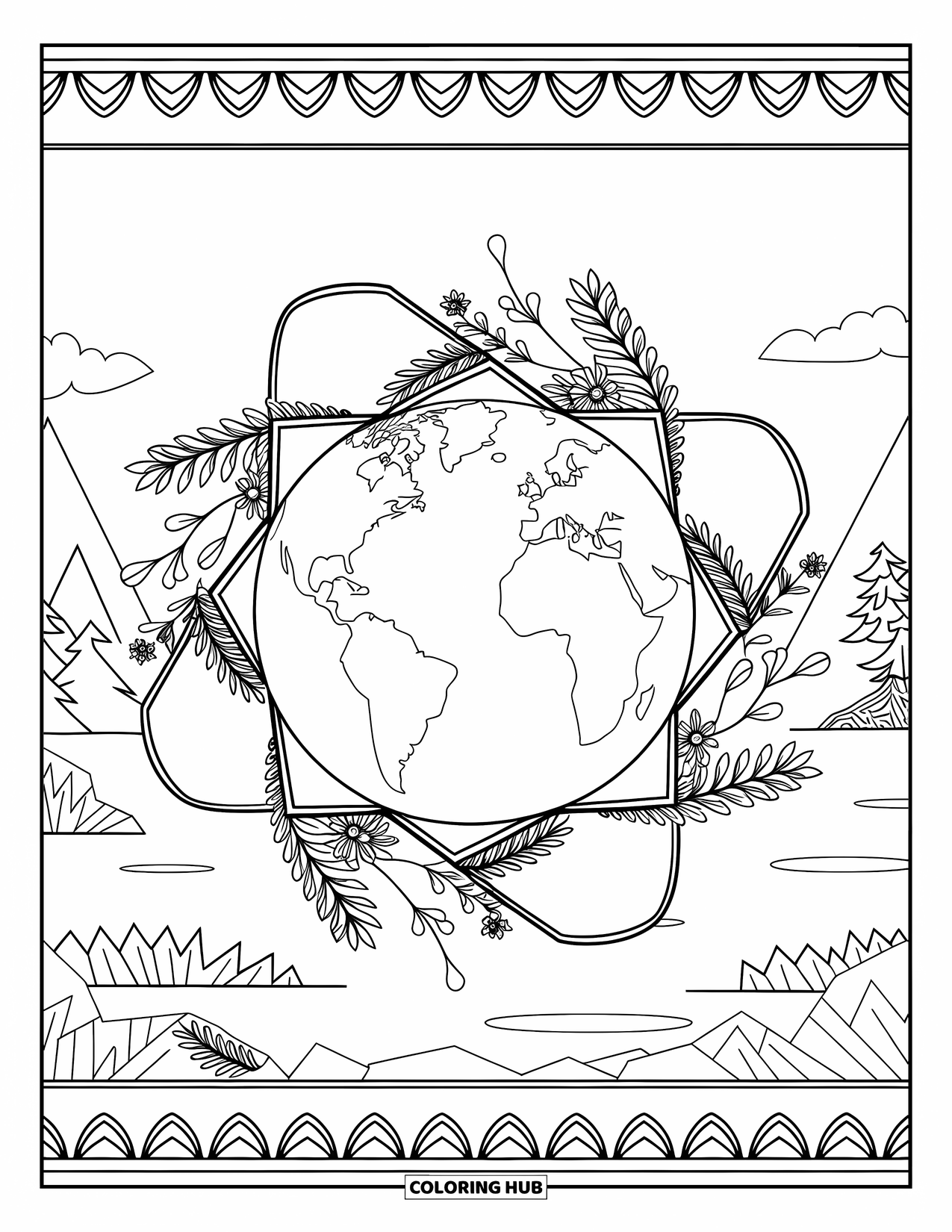 Coloriage Terre pour adultes : la Terre encadrée par des formes géométriques, entrelacée de feuilles, de fleurs et d’un paysage serein
