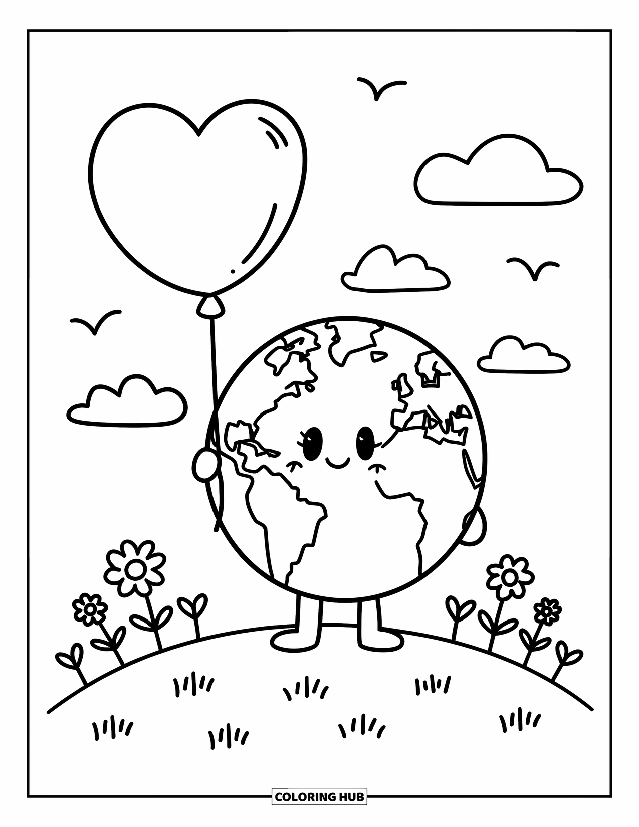 Coloriage Terre pour adultes : la Terre tenant un ballon en forme de cœur, debout sur une colline herbeuse avec des fleurs et des nuages
