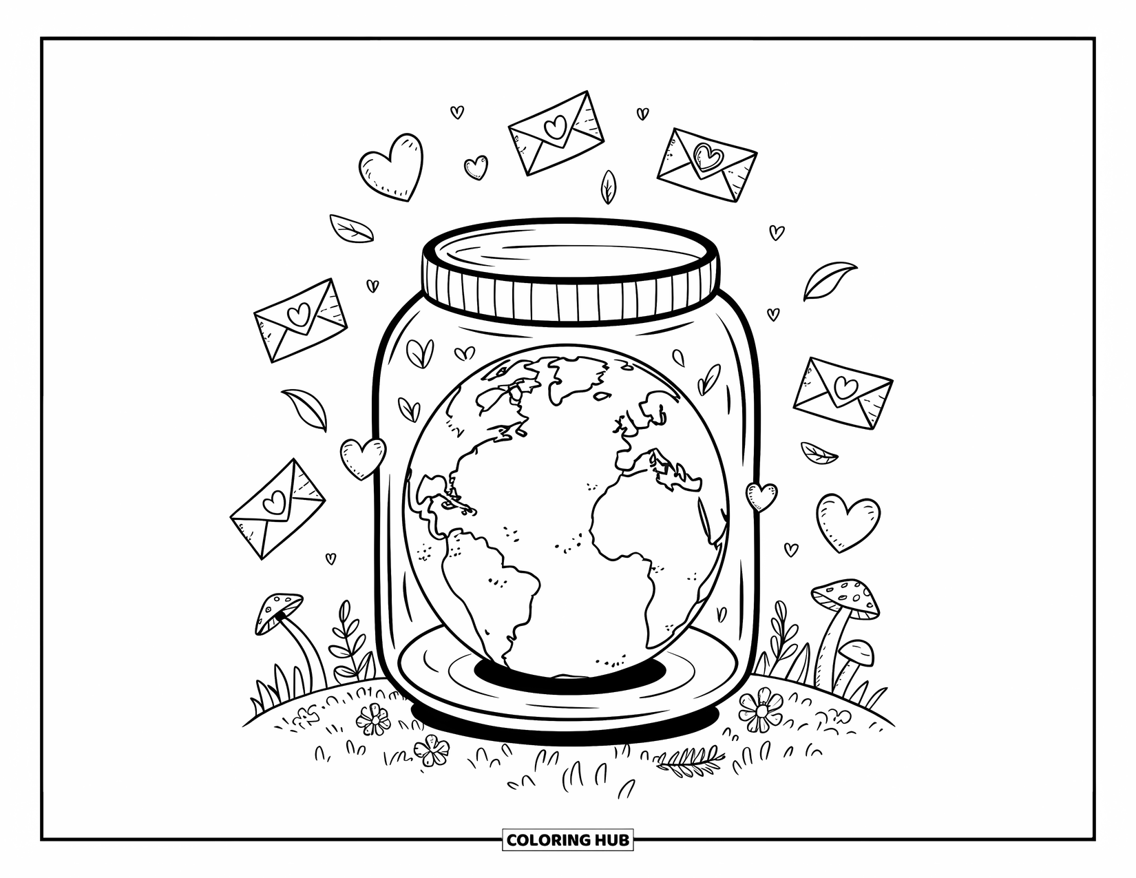 Coloriage Terre pour adultes : la Terre dans un bocal à souhaits, avec des cœurs, des enveloppes, des feuilles et une parcelle d’herbe avec des fleurs