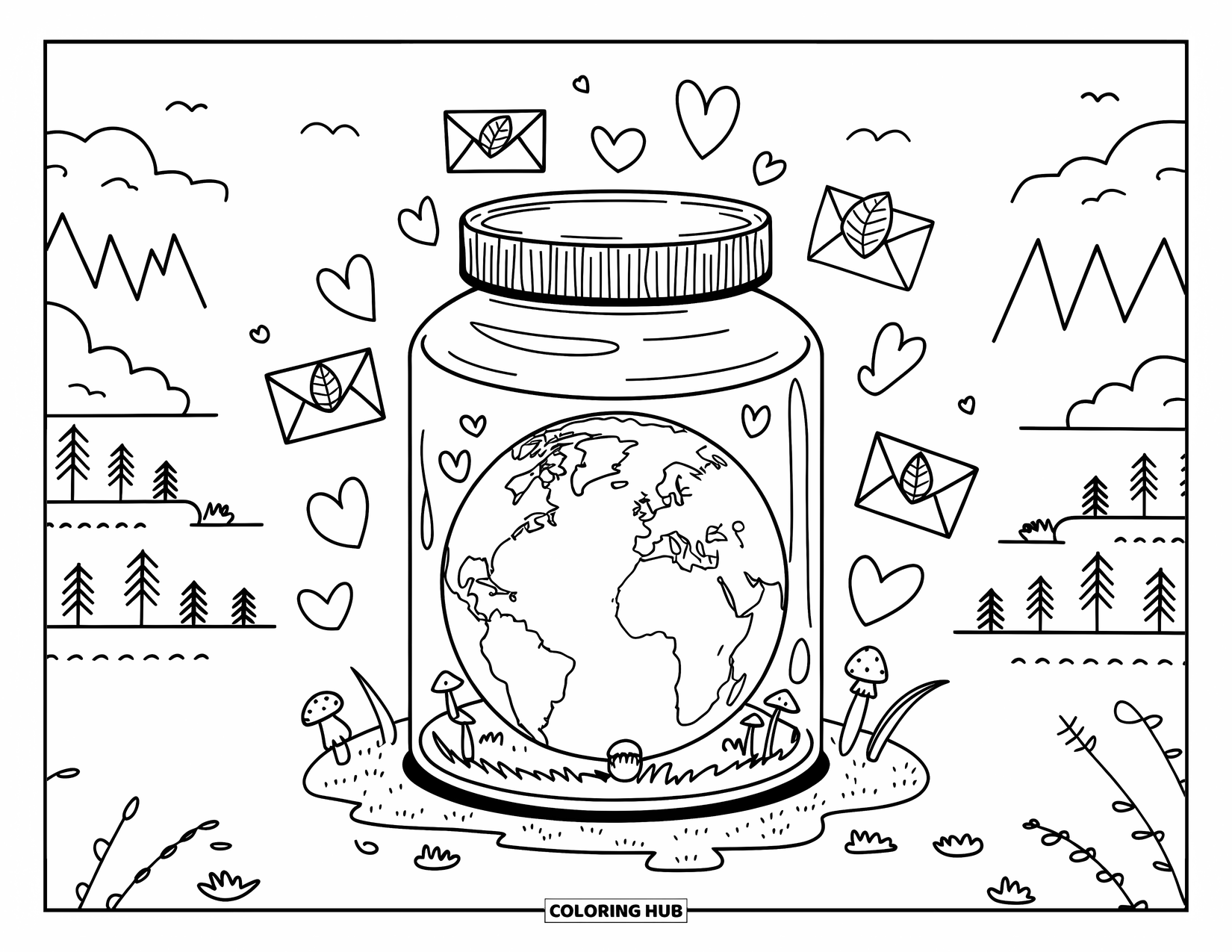Coloriage Terre pour adultes : la Terre dans un bocal à souhaits, avec des cœurs, des enveloppes, des feuilles et un paysage serein avec des arbres et de l’eau