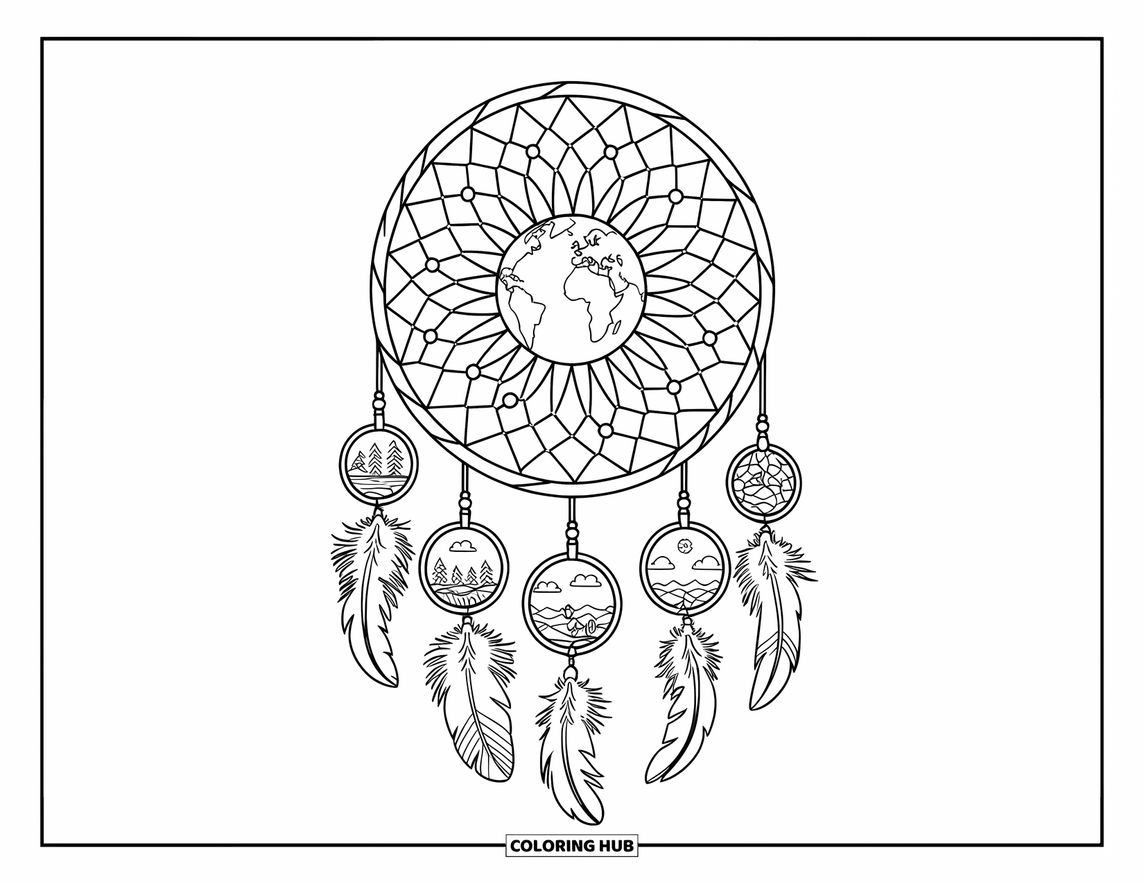 Coloriage Terre pour adultes : la Terre à l’intérieur d’un attrape-rêves, entourée de plumes, de perles et de scènes de nature