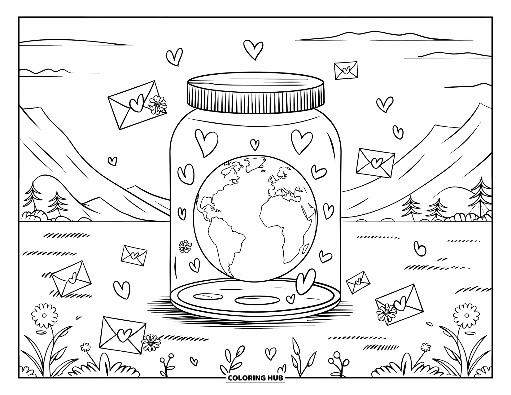 Coloriage Terre pour adultes : la Terre à l’intérieur d’un bocal à souhaits, entourée de cœurs, d’enveloppes, de feuilles, de fleurs et d’un paysage serein