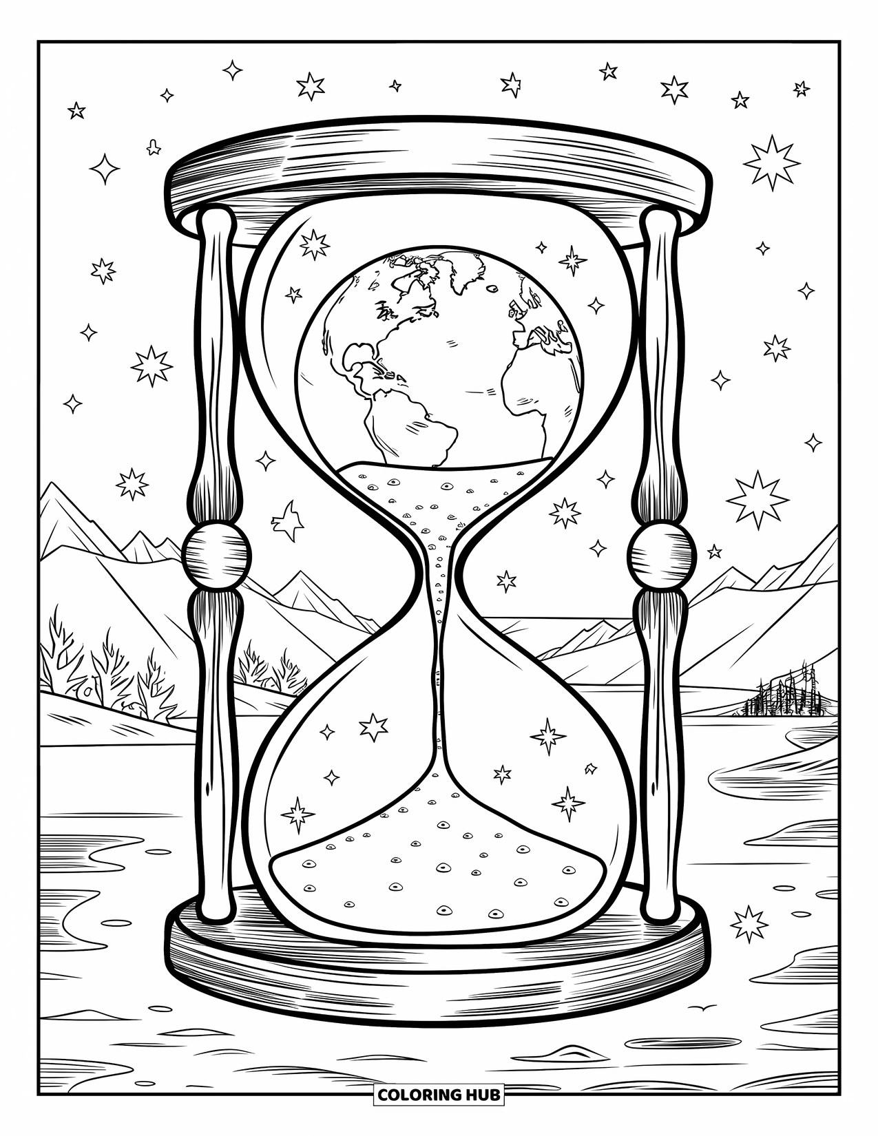 Coloriage Terre pour adultes : la Terre à l’intérieur d’un sablier, avec du sable qui coule et des étoiles qui l’entourent, placé sur un support en bois