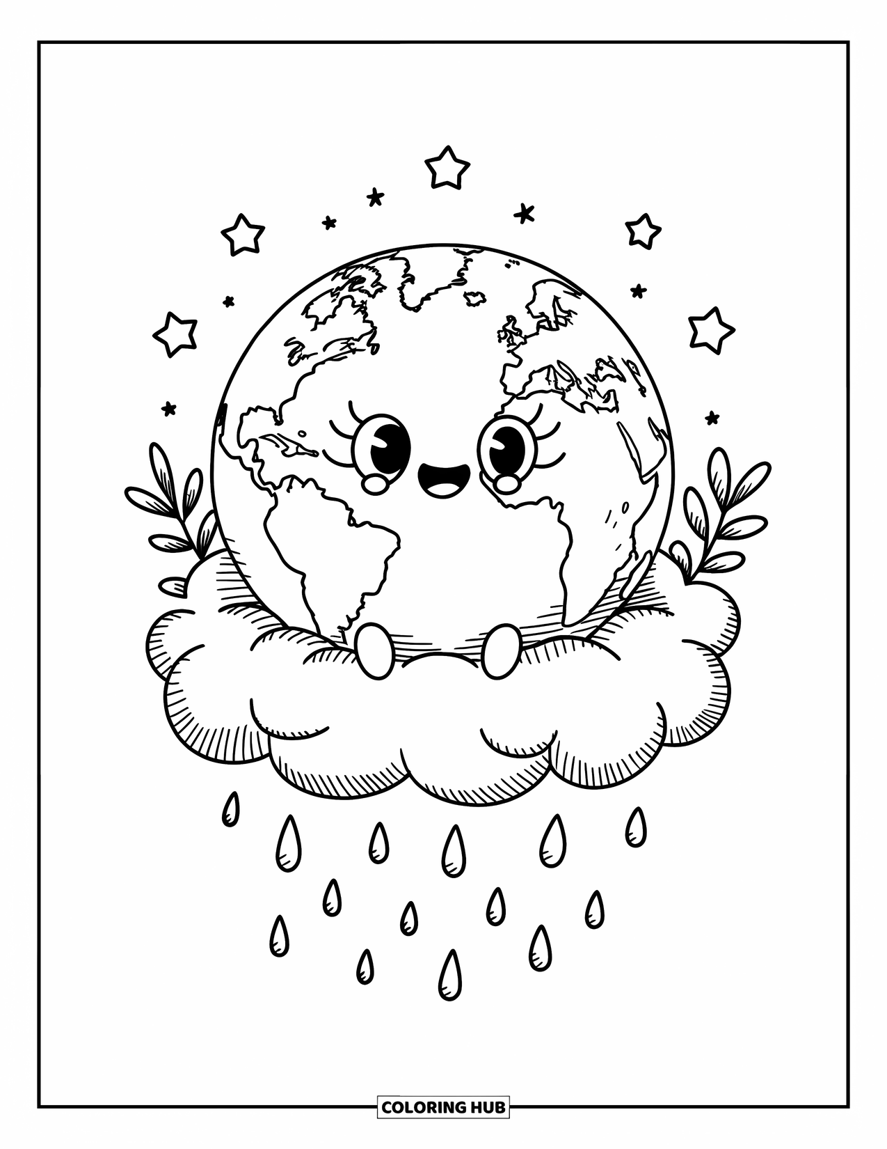 Coloriage Terre pour adultes : la Terre sur un nuage duveteux, avec un sourire, entourée de plantes, d’étoiles et de douces gouttes de pluie qui tombent