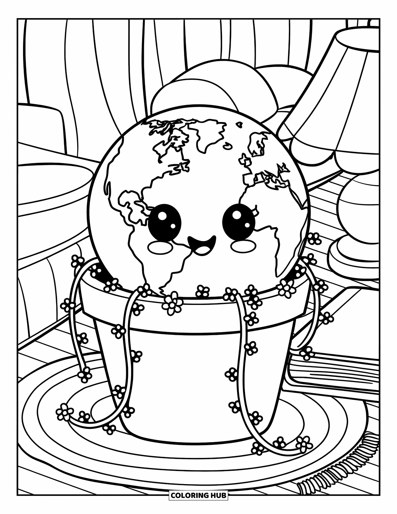 Coloriage Terre pour adultes : la Terre sortant d’un pot de fleurs avec des vignes et des fleurs, dans une pièce confortable avec un tapis et une lampe