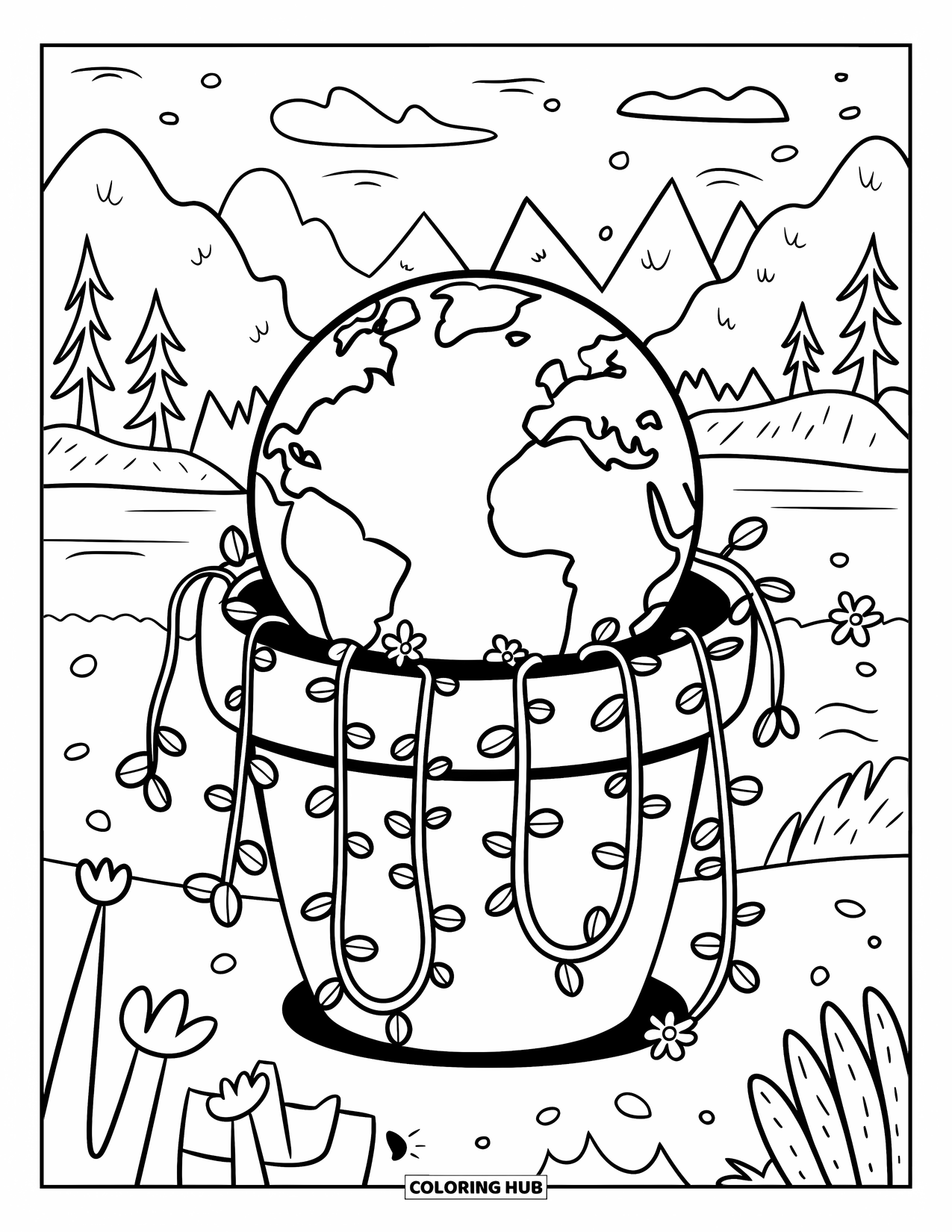 Coloriage Terre pour adultes : la Terre sortant d’un pot de fleurs, avec des vignes et de minuscules fleurs, sur un paysage serein