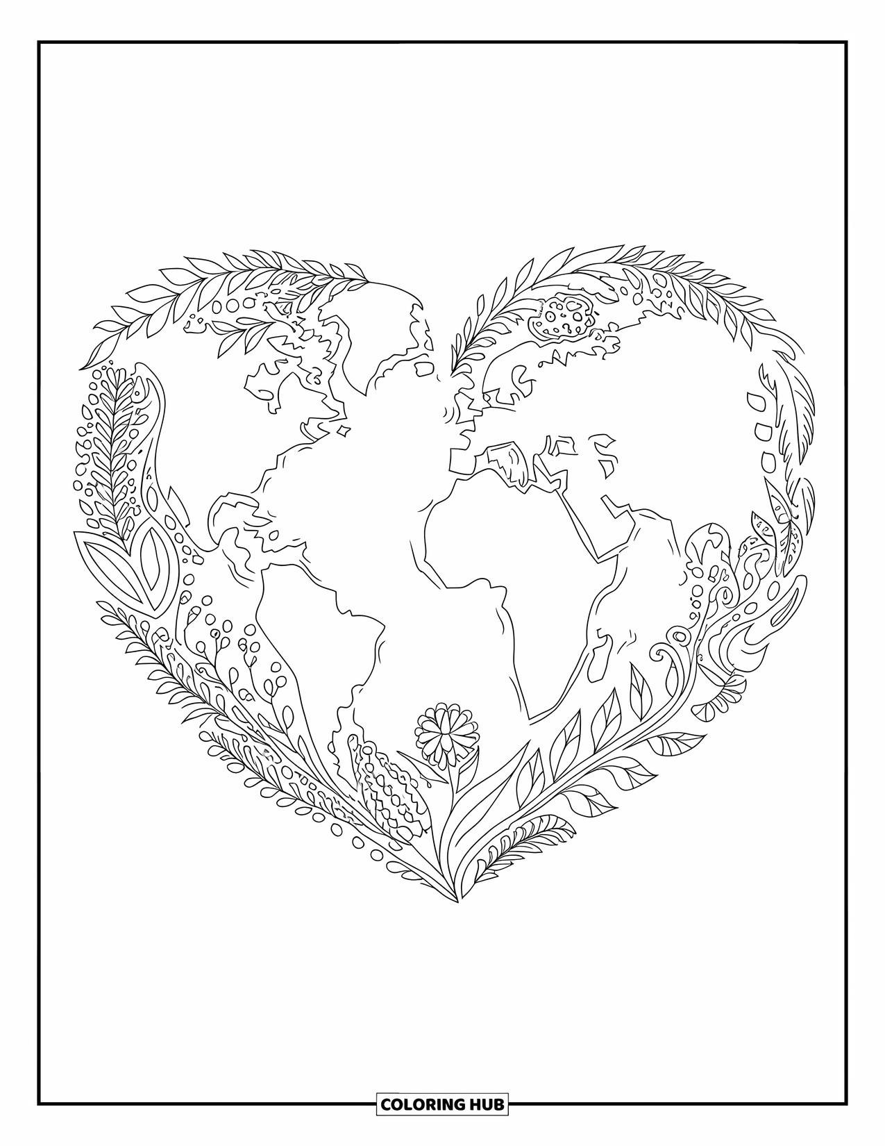 Coloriage Terre pour adultes : la Terre en forme de cœur, remplie de motifs complexes de plantes et de fleurs, entourée d’une bordure décorative