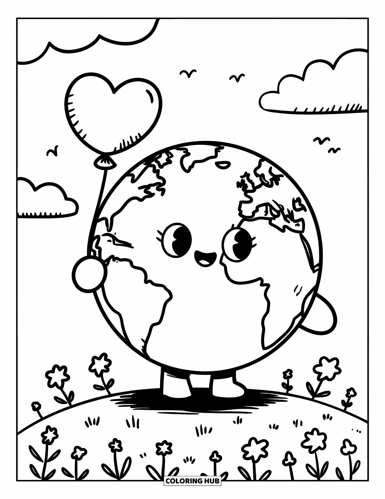 Coloriage Terre pour adultes : la Terre avec un ballon en forme de cœur sur une colline herbeuse, avec des nuages et de petits oiseaux dans le ciel