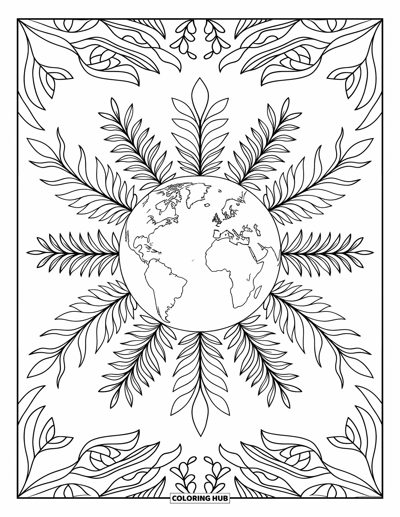 Coloriage Terre pour adultes : la Terre avec des anneaux concentriques de motifs naturels, avec des feuilles, des fleurs et des vignes, sur un fond blanc
