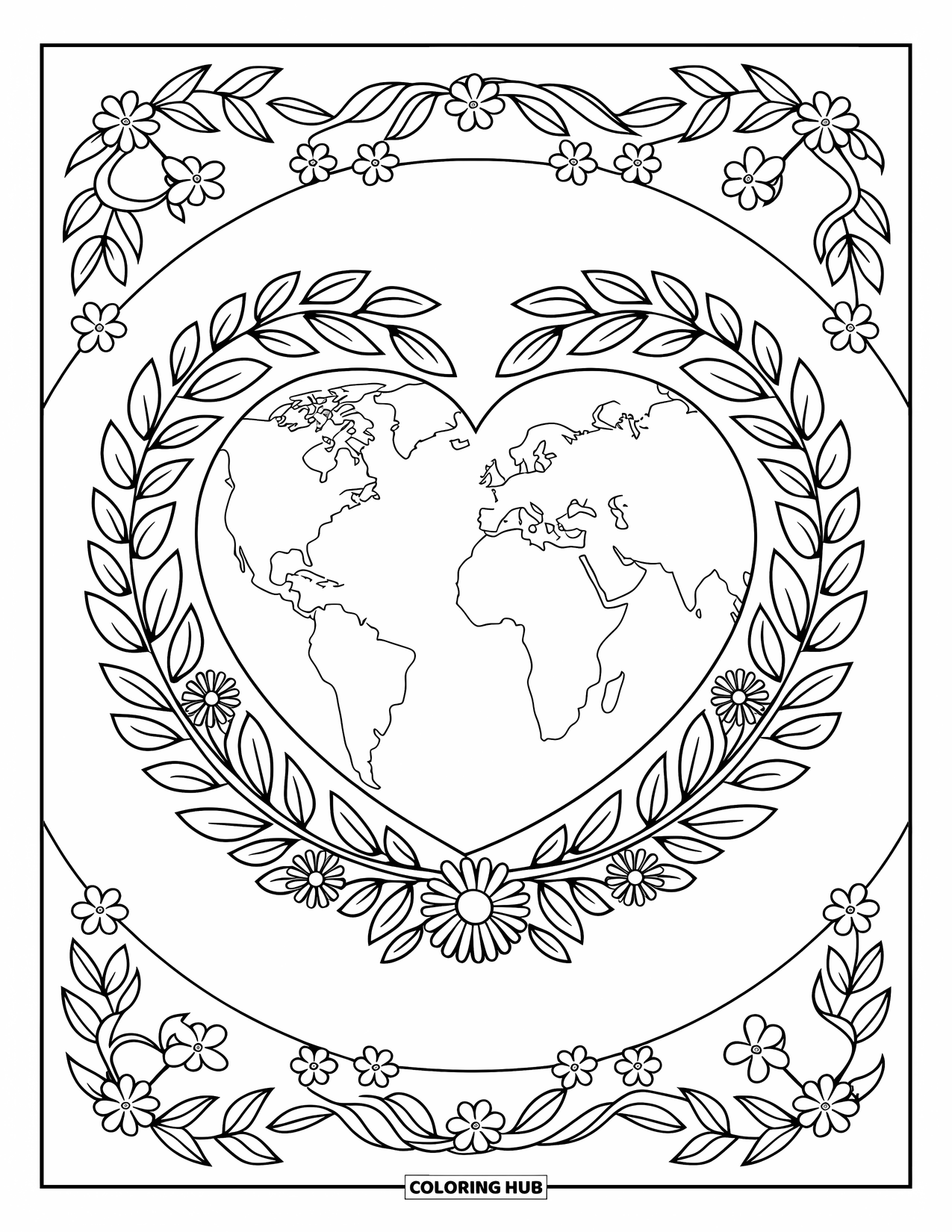Coloriage Terre pour adultes : la Terre en forme de cœur, remplie de motifs de plantes et de fleurs, entourée d’une couronne de feuilles