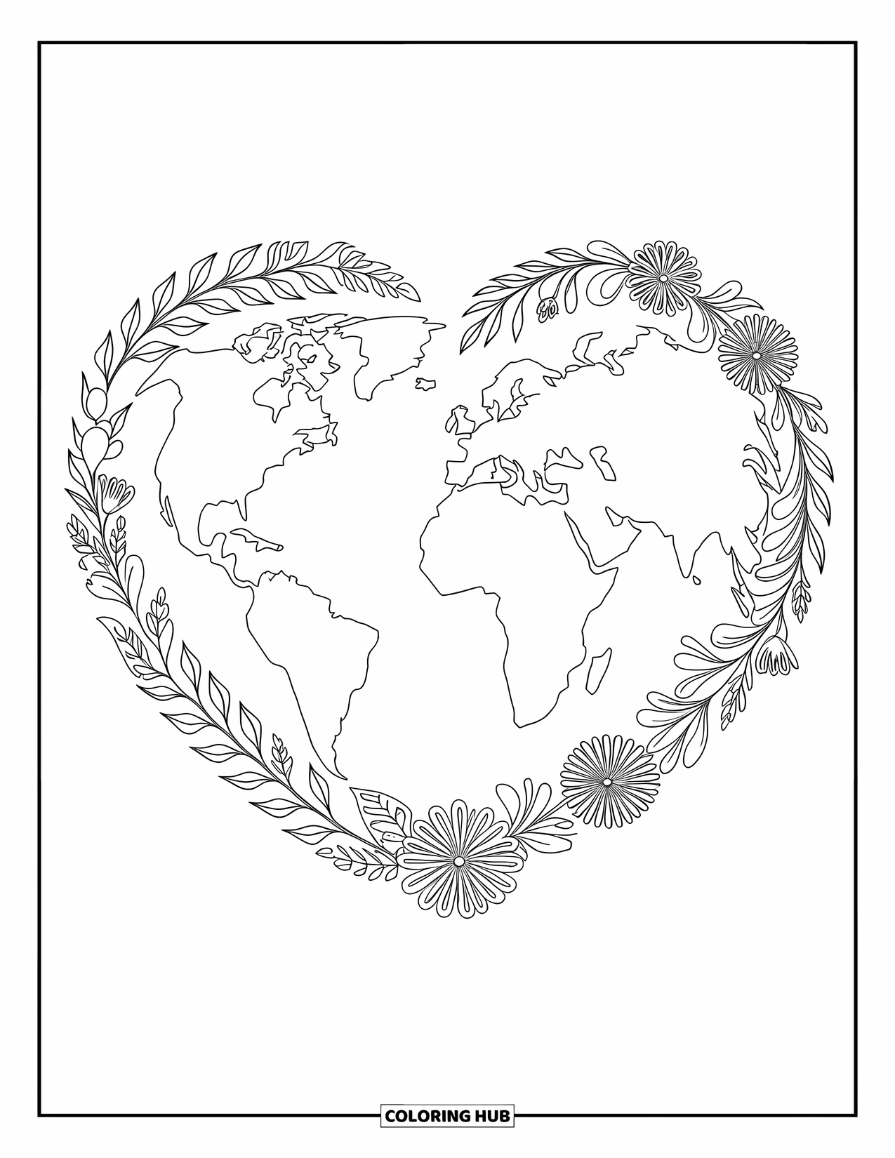 Coloriage Terre pour adultes : la Terre en forme de cœur avec des motifs complexes de plantes et de fleurs, offrant une expérience relaxante et créative