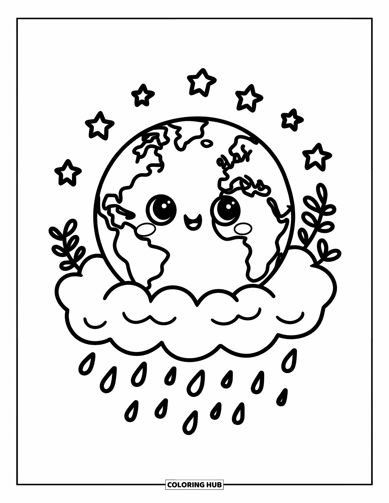 Coloriage Terre pour adultes : la Terre kawaii assise sur un nuage duveteux, entourée d’étoiles, de plantes et de gouttes de pluie qui tombent en dessous