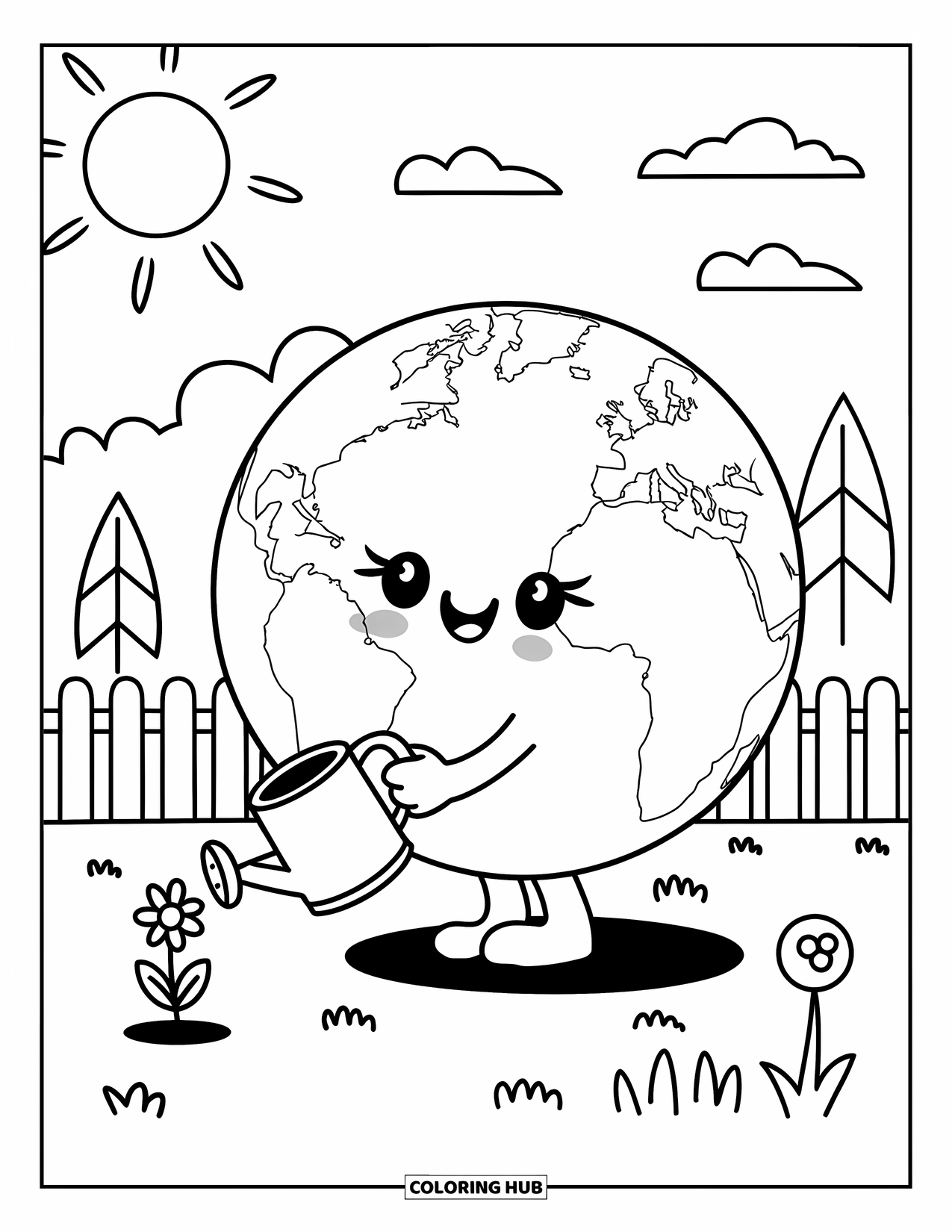 Coloriage Terre pour adultes : la Terre kawaii arrosant une fleur avec un petit arrosoir, sous le soleil avec des nuages et des arbres