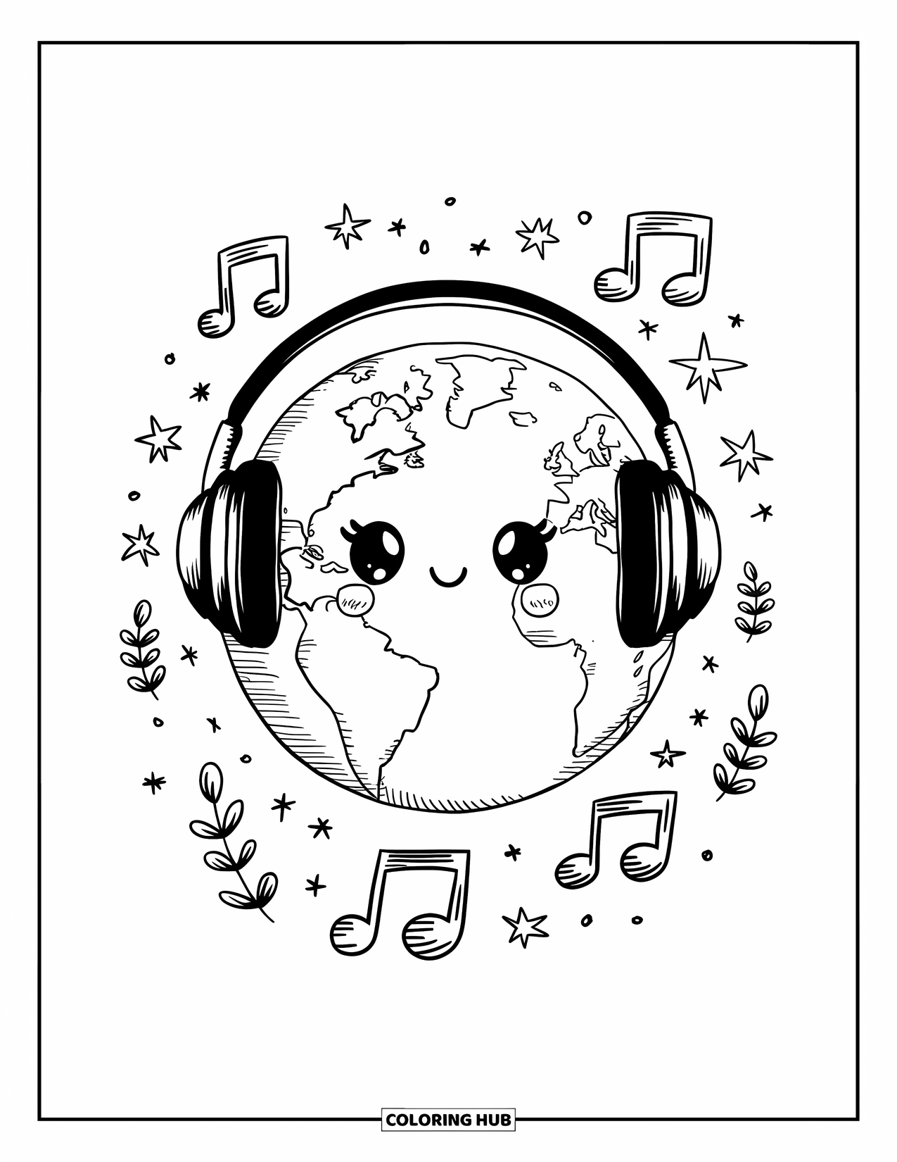 Coloriage Terre pour adultes : la Terre kawaii portant des écouteurs, entourée de notes de musique flottantes, de minuscules plantes et d’étoiles