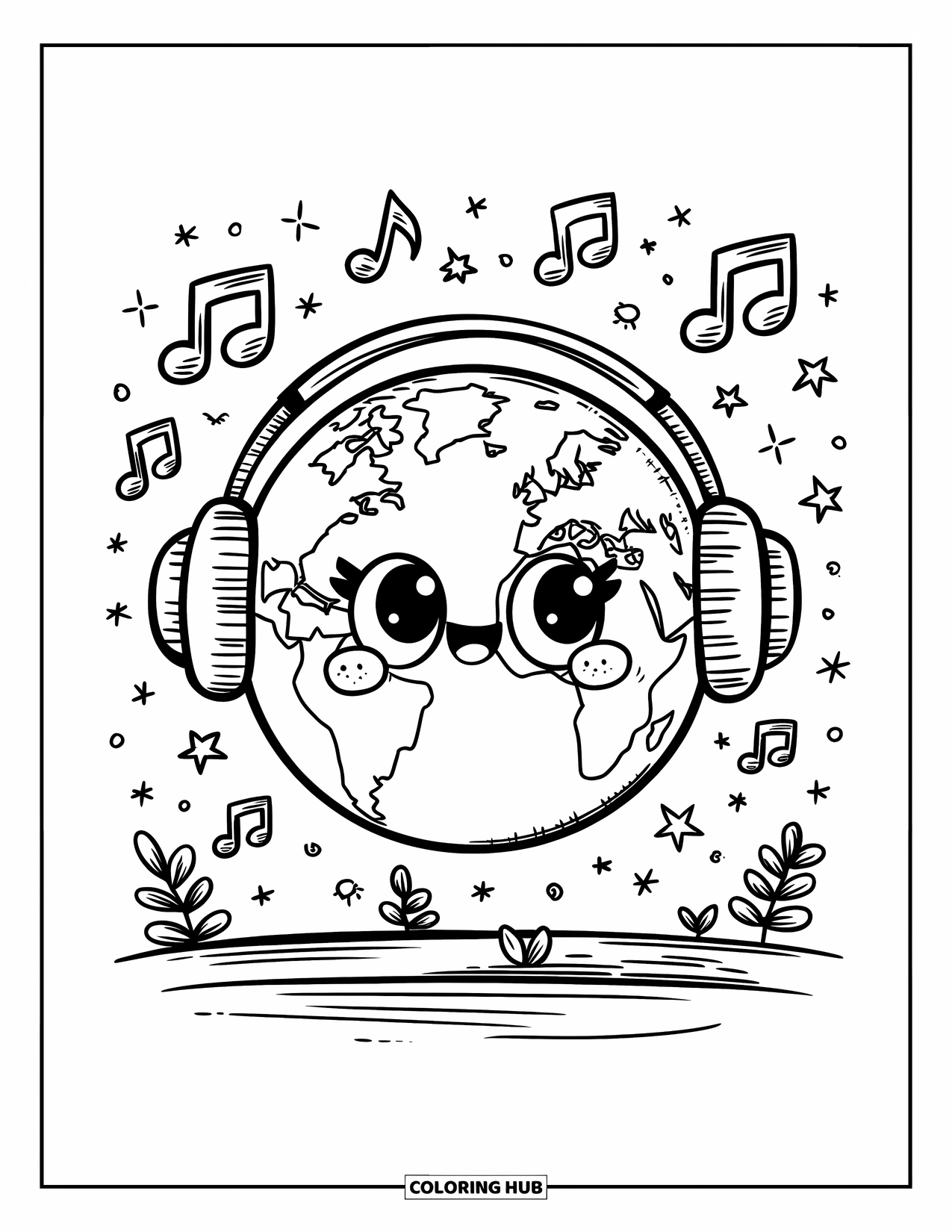 Coloriage Terre pour adultes : la Terre kawaii avec des écouteurs, des notes de musique flottantes, des plantes et des étoiles, avec des formes simplifiées et des courbes douces