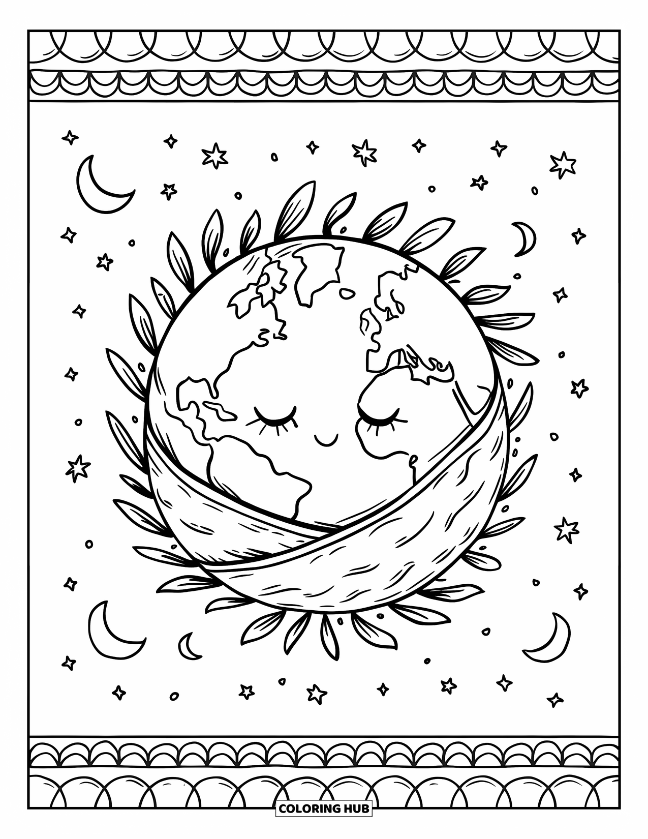 Coloriage Terre pour adultes : la Terre endormie dans une couverture de feuilles douillette, avec des lunes et des étoiles, et une simple bordure à motifs