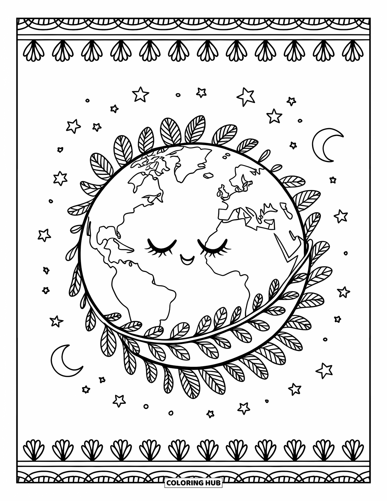 Coloriage Terre pour adultes : la Terre endormie enveloppée dans une couverture de feuilles douillette, entourée d’étoiles et de lunes, avec une bordure simple