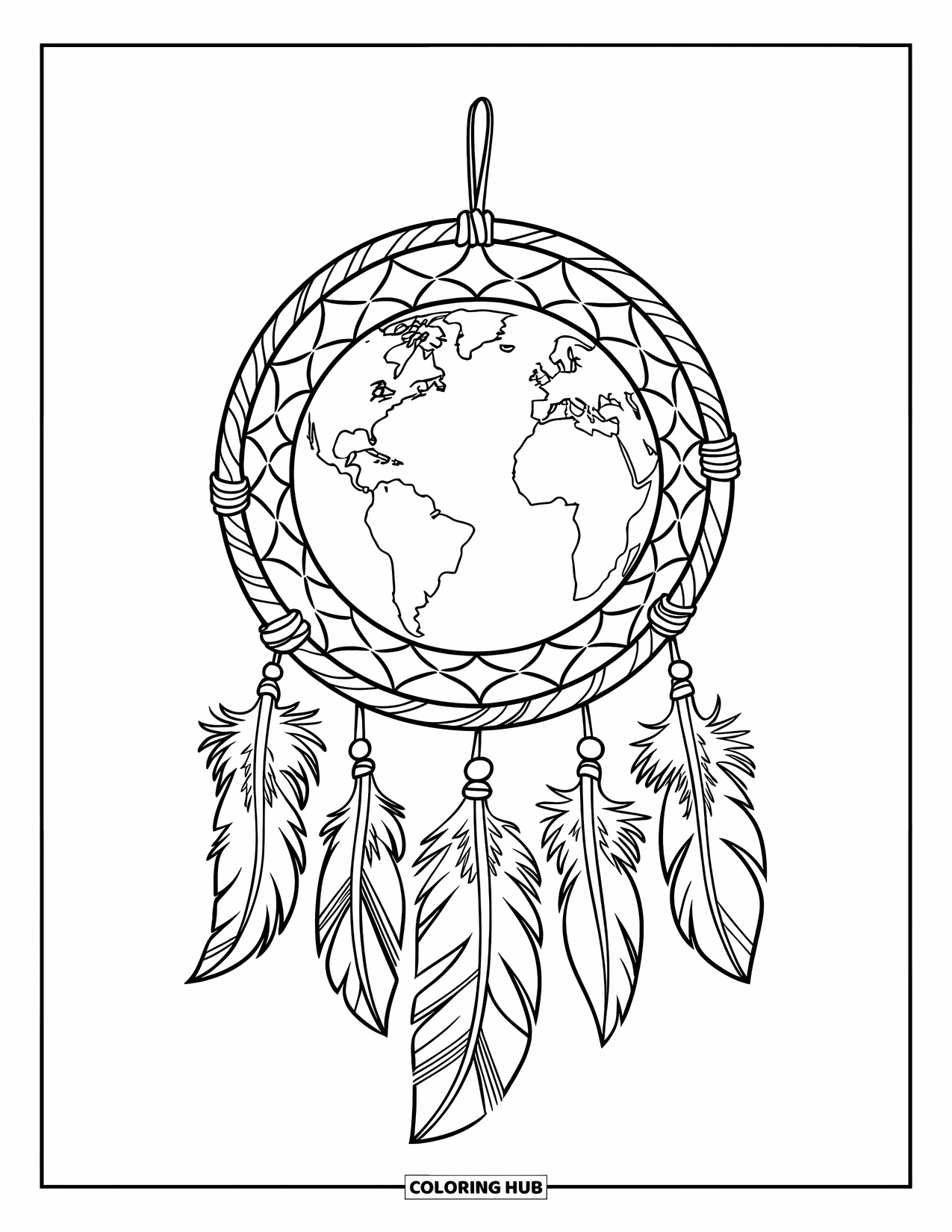 Coloriage Terre pour enfants : un attrape-rêves avec un panier tissé contenant la Terre, suspendu à un poteau en bois