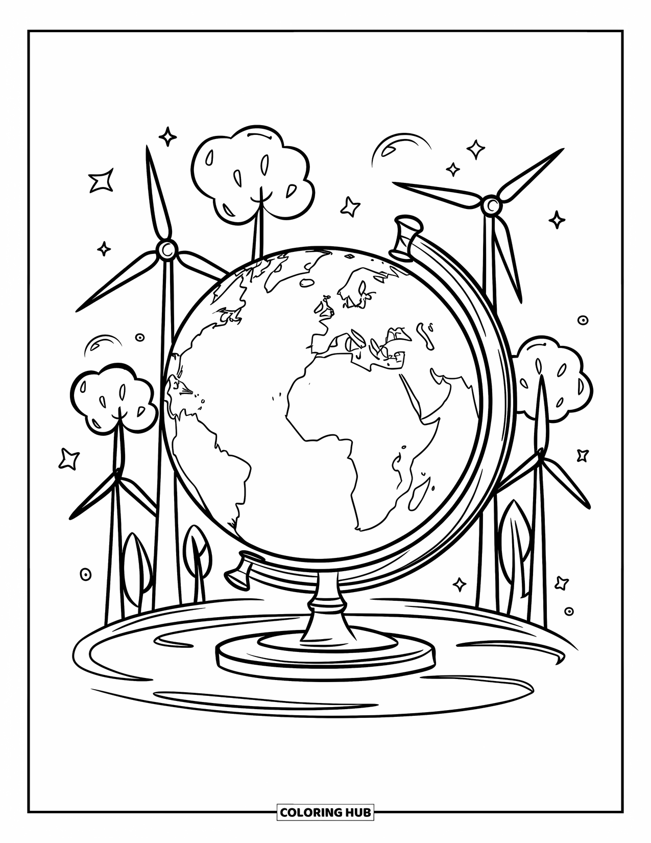 Coloriage Terre pour enfants : un globe sur un support, entouré de symboles écologiques comme des éoliennes et des arbres