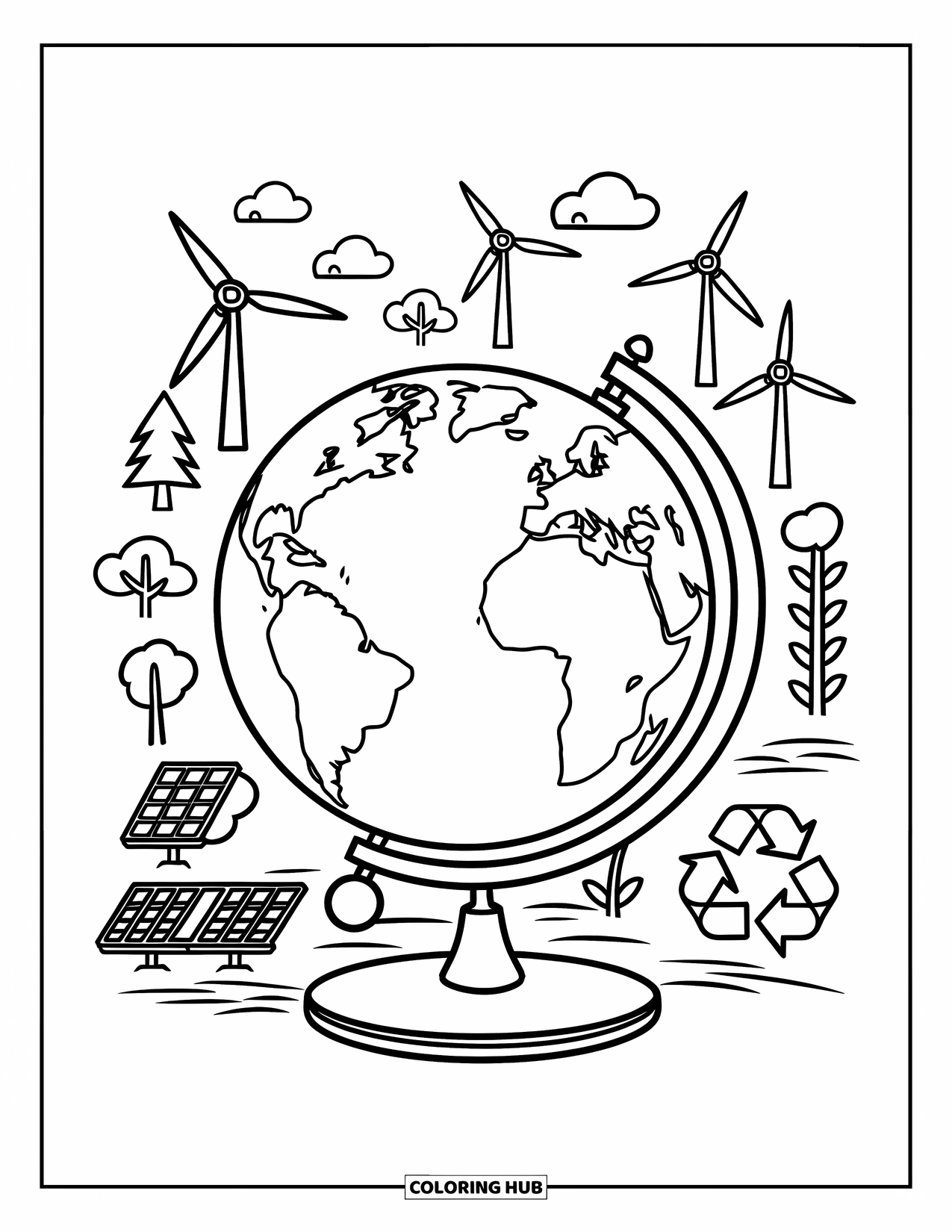 Coloriage Terre pour enfants : un globe sur un support avec des symboles écologiques, notamment des éoliennes, des arbres et un panneau solaire