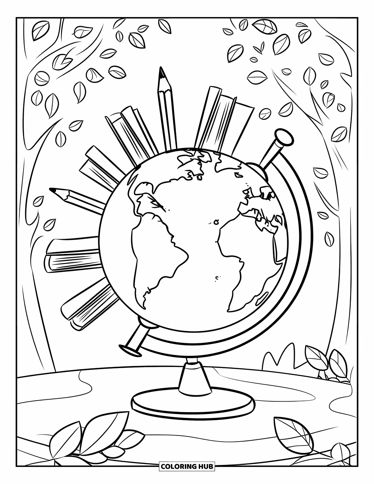 Coloriage Terre pour enfants : un globe entouré de livres, de crayons et de feuilles, avec des arbres en arrière-plan