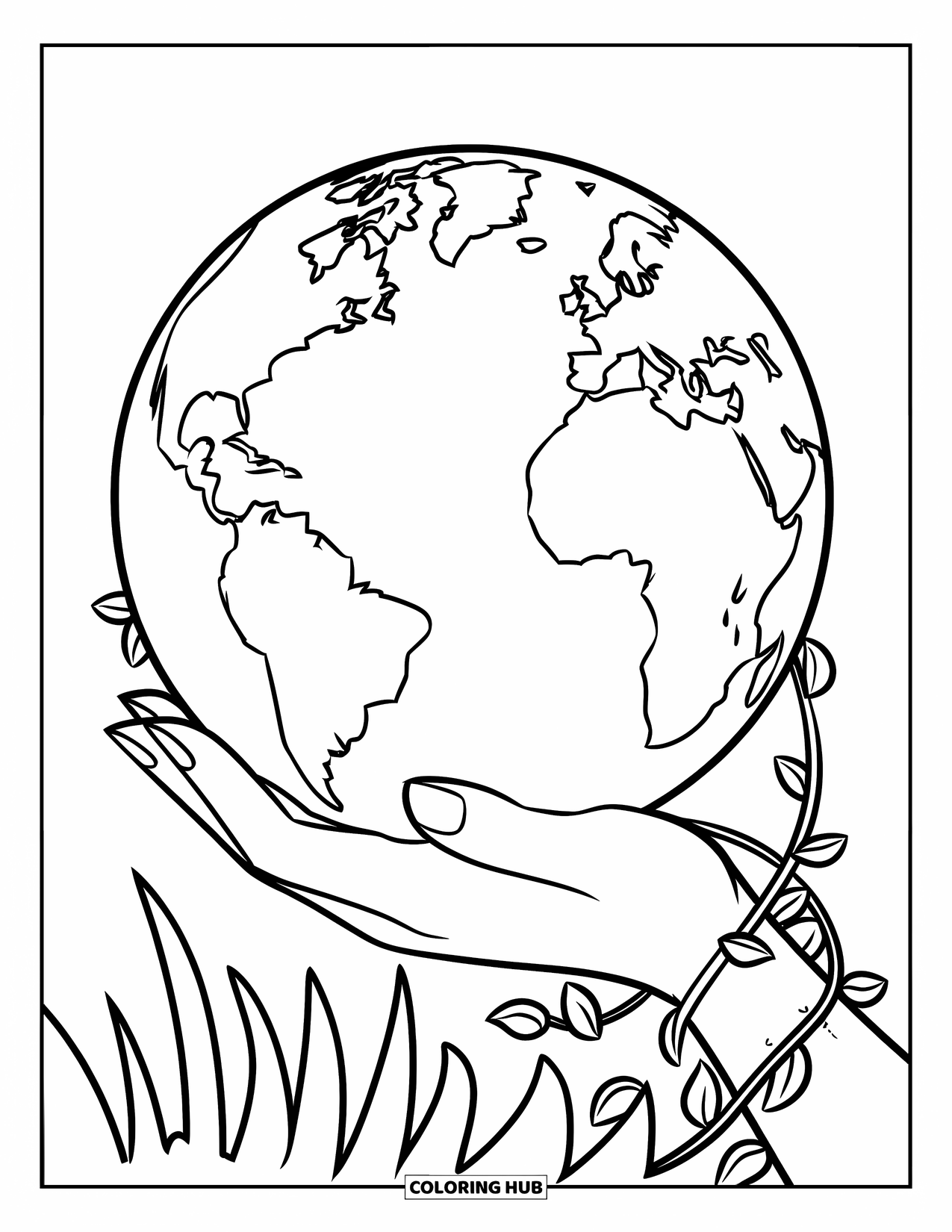 Coloriage Terre pour enfants : une main tenant une Terre géante, avec des vignes enroulées autour du poignet, sur un fond blanc