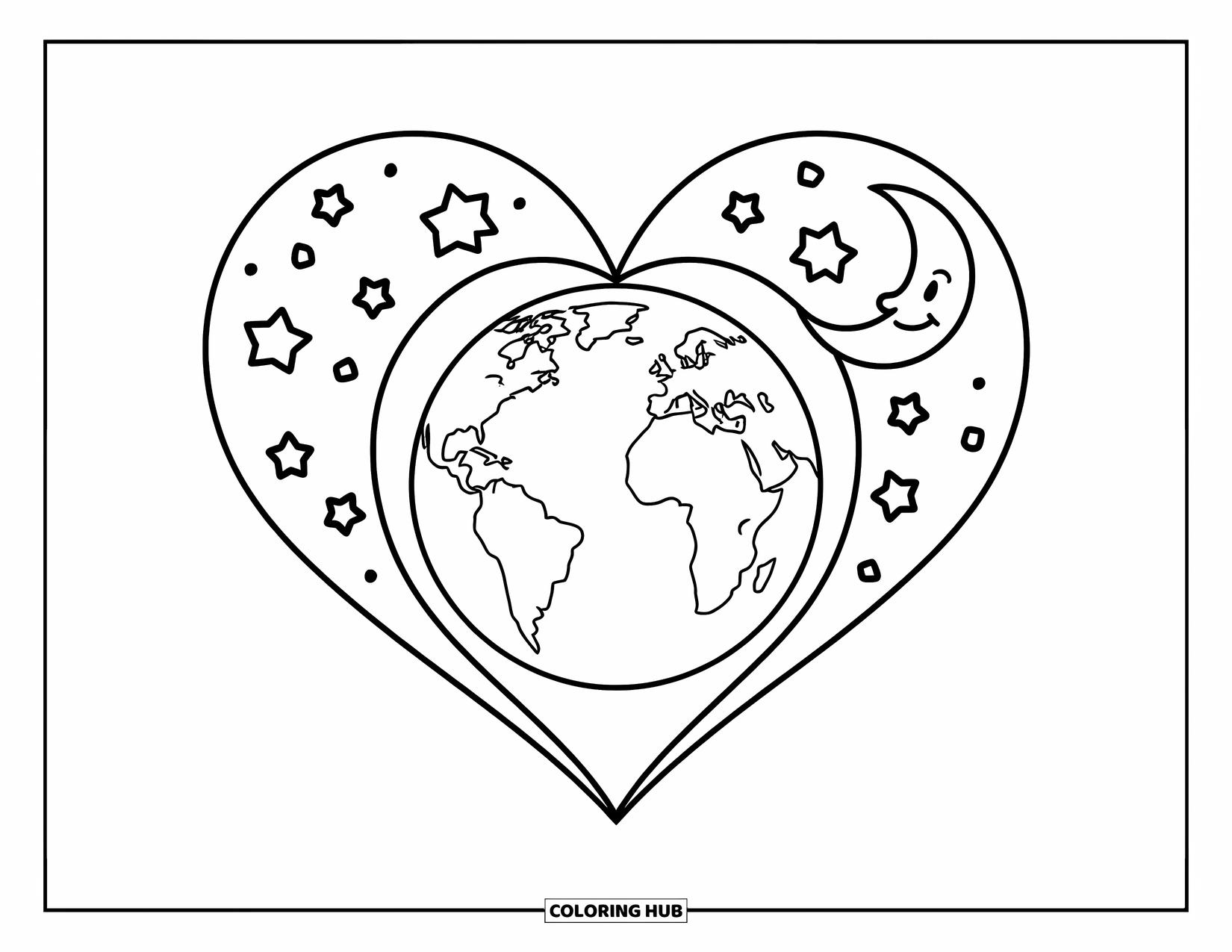 Coloriage Terre pour enfants : une forme de cœur avec la Terre à l’intérieur, entourée d’étoiles et d’une lune souriante