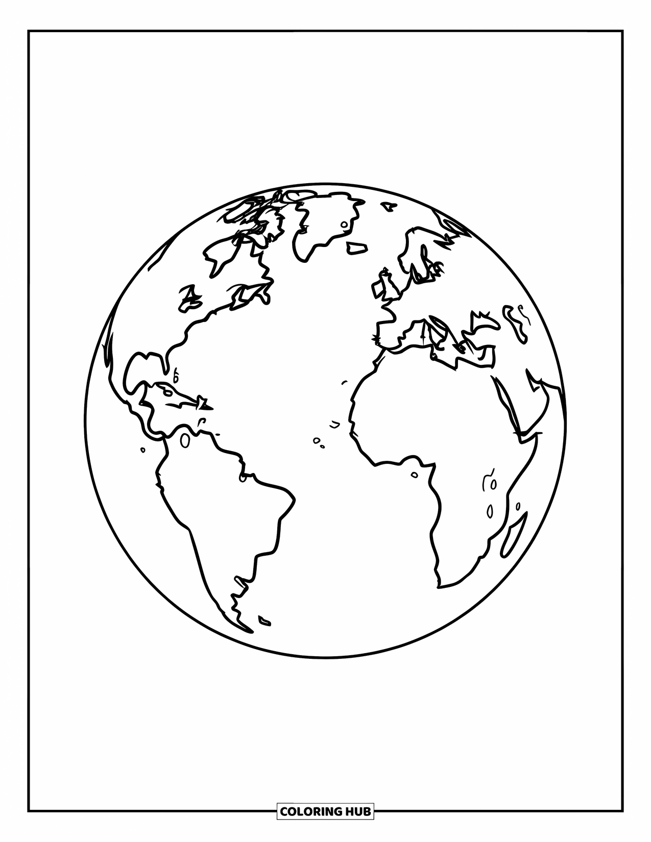 Coloriage Terre pour enfants : une grande Terre avec des contours audacieux, montrant les continents et les océans, adaptée aux enfants d’âge préscolaire