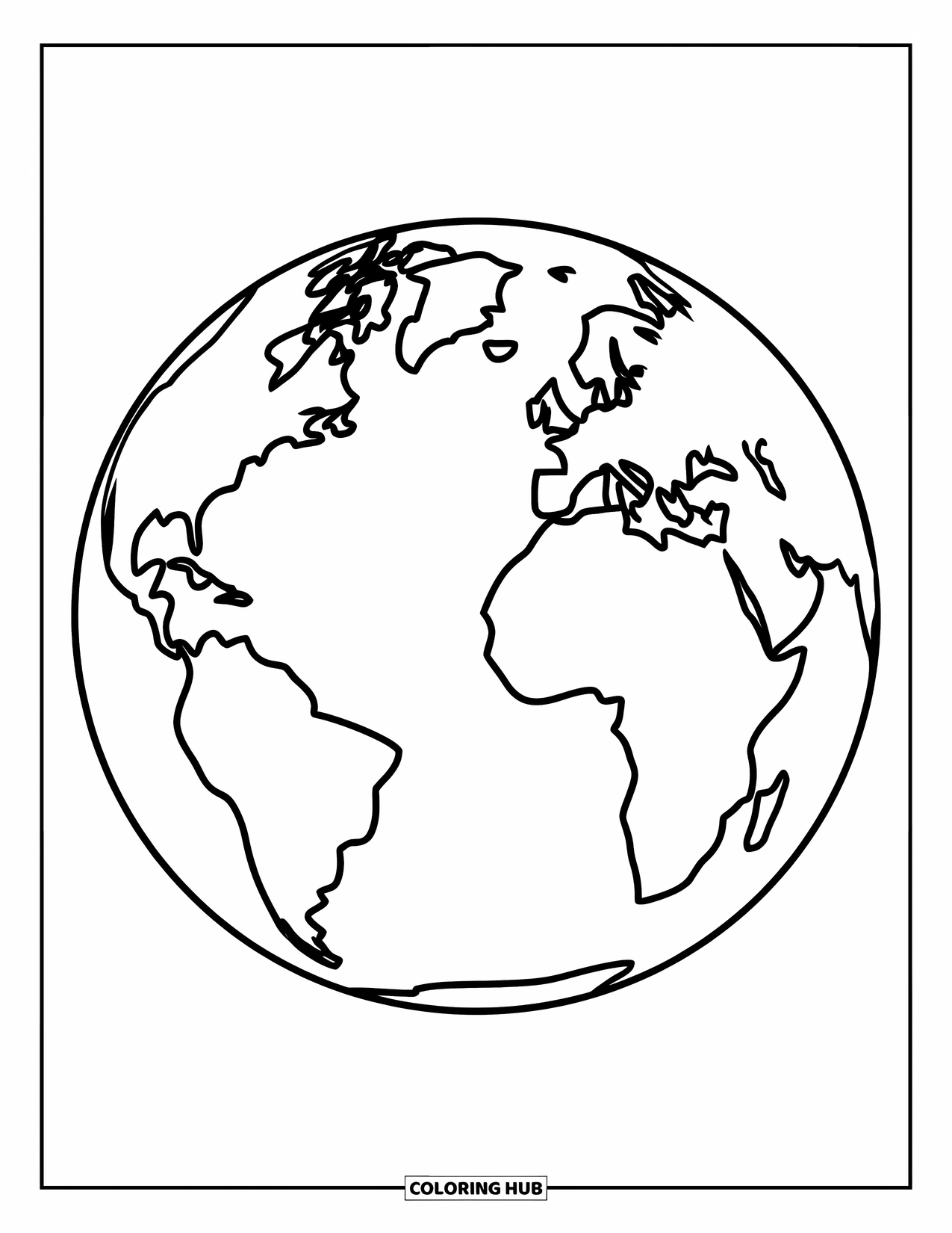 Coloriage Terre pour enfants : une grande Terre avec des continents et des océans, conçue pour un coloriage facile, avec des contours audacieux