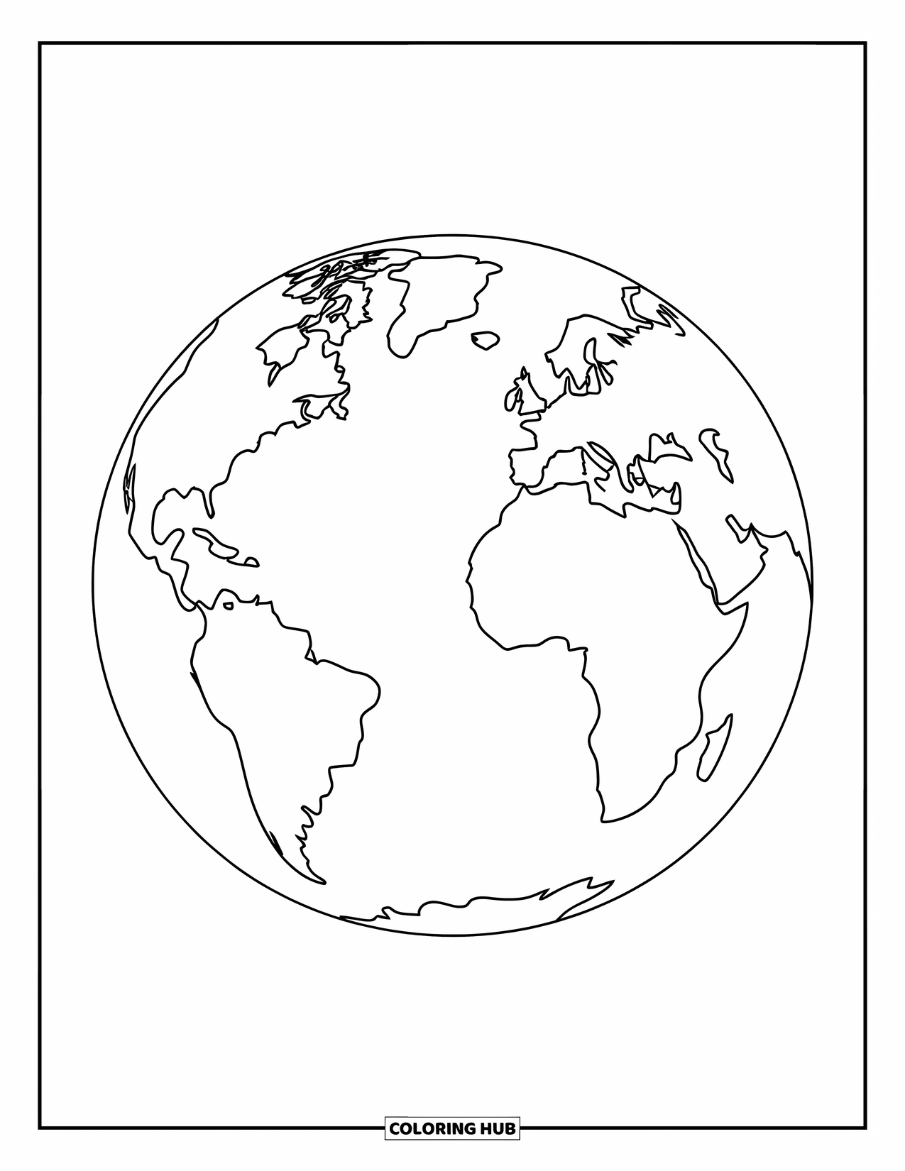 Coloriage Terre pour enfants : une grande Terre simple avec des contours audacieux, montrant les continents et les océans, sur un fond blanc