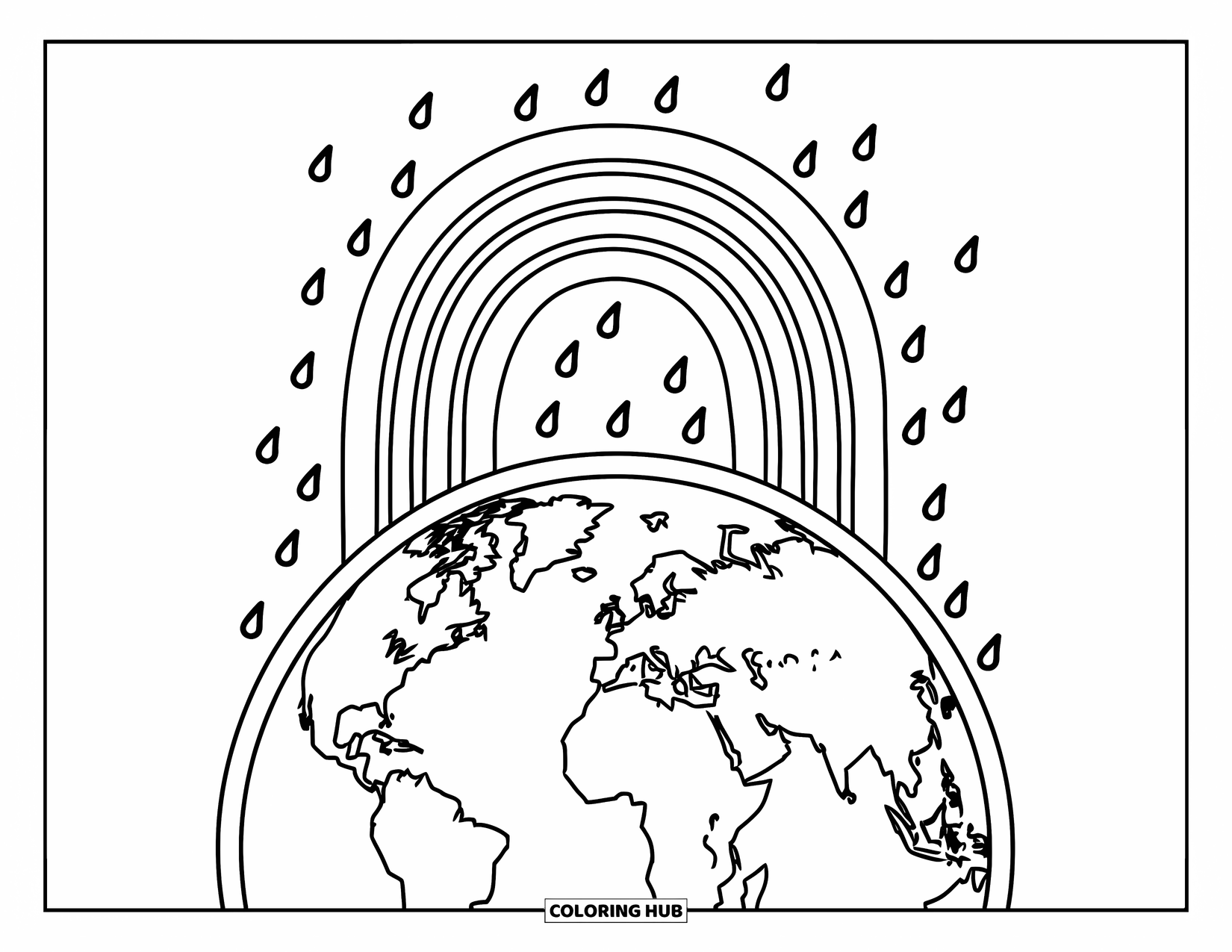 Coloriage Terre pour enfants : un arc-en-ciel au-dessus d’une Terre audacieuse, avec des gouttes de pluie éparpillées autour, en contours audacieux