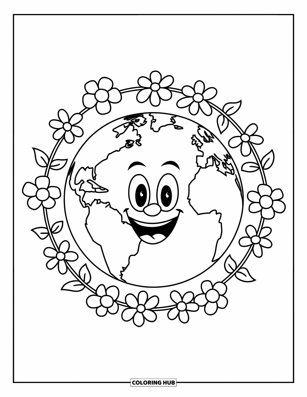 Coloriage Terre pour enfants : une Terre souriante entourée de fleurs et de feuilles, avec des contours nets et audacieux
