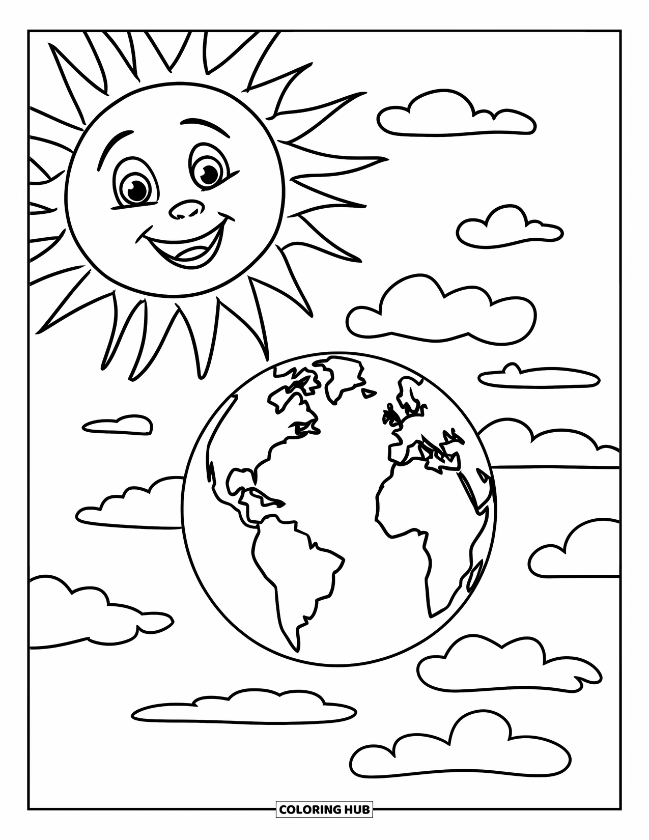 Coloriage Terre pour enfants : un soleil souriant au-dessus de la Terre, entouré de nuages duveteux, sur un fond blanc