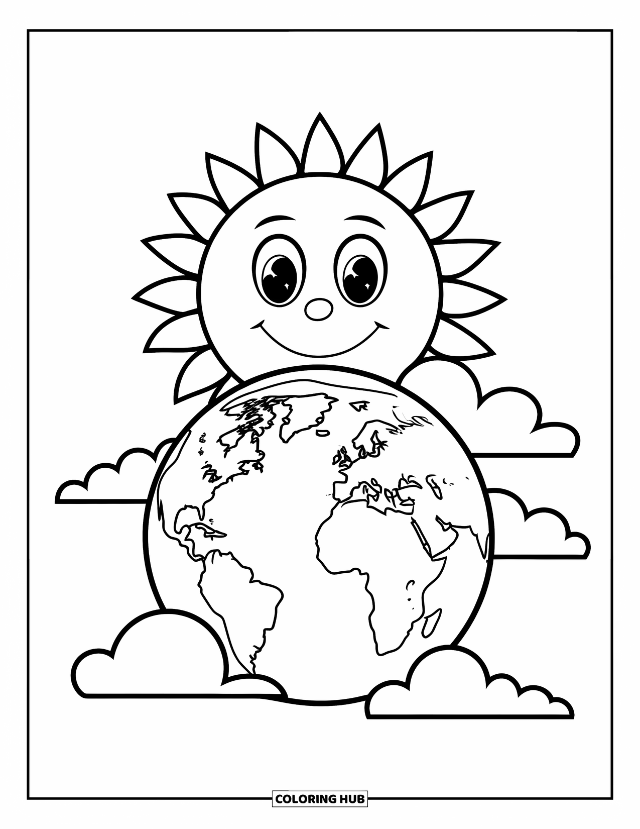 Coloriage Terre pour enfants : un soleil souriant au-dessus de la Terre, avec des contours nets et audacieux et des nuages duveteux autour