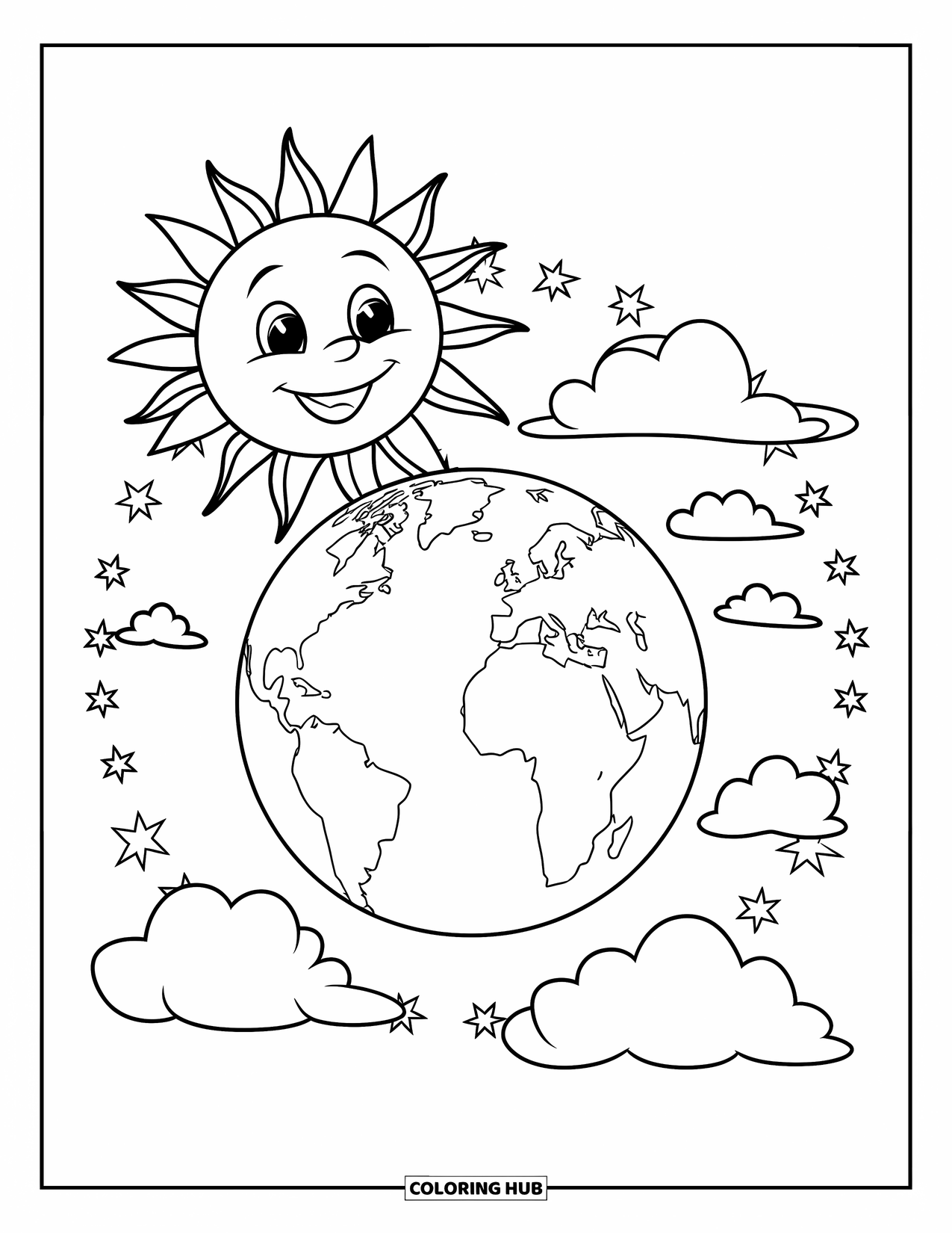 Coloriage Terre pour enfants : un soleil souriant au-dessus de la Terre avec des étoiles qui l’entourent, en contours audacieux