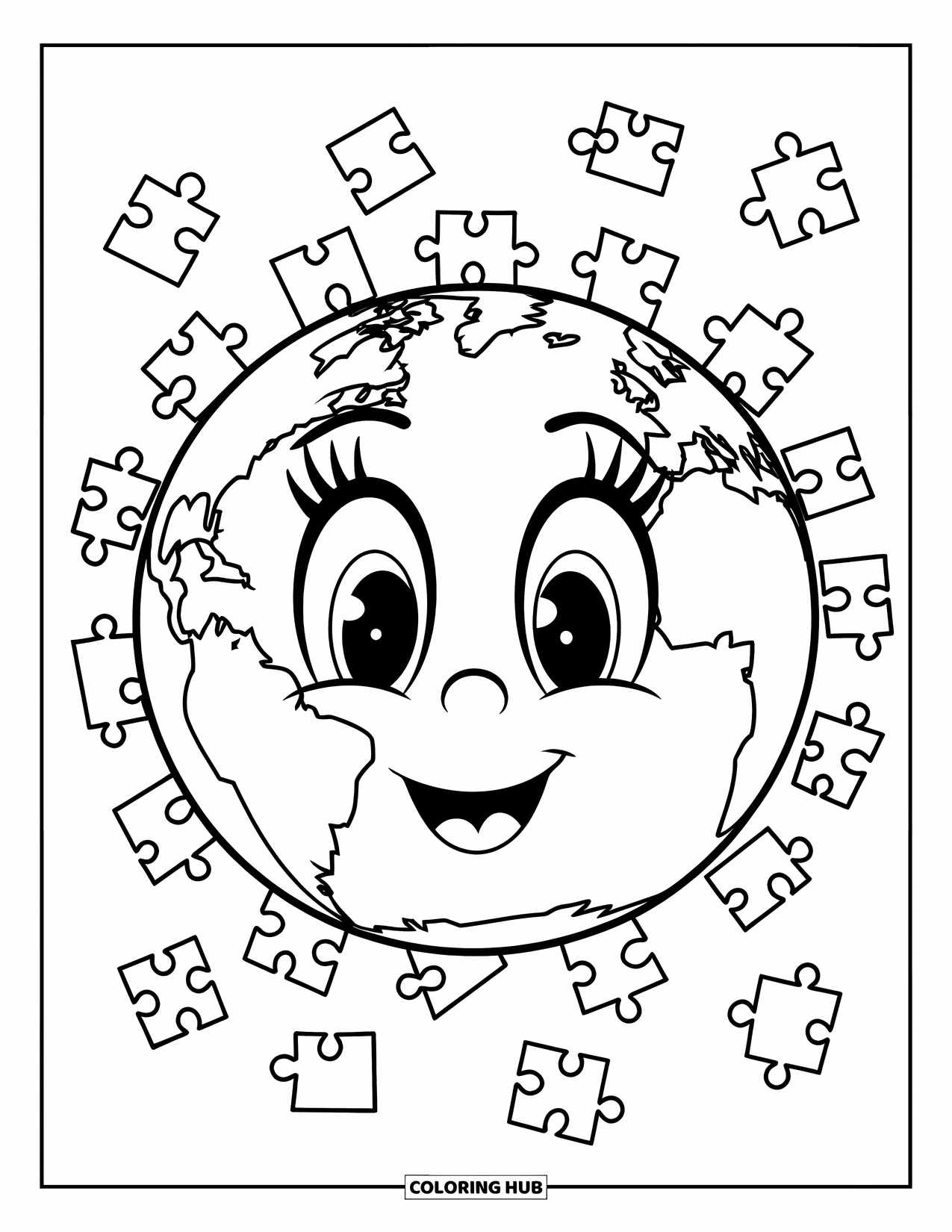 Coloriage Terre pour enfants : une Terre stylisée avec un visage, entourée de petits morceaux de puzzle, sur un fond blanc