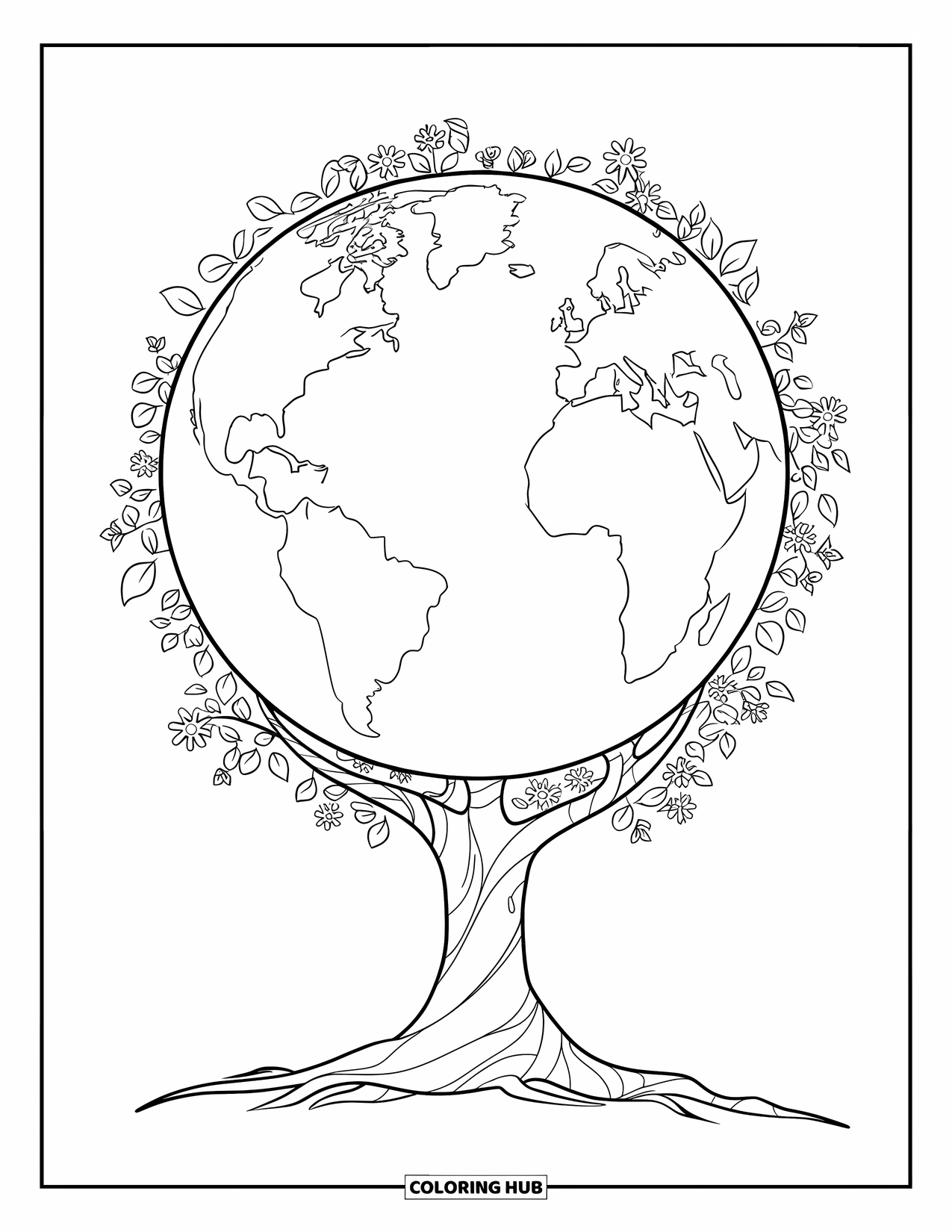 Coloriage Terre pour enfants : un arbre avec la Terre comme canopée, recouvert de petites feuilles et de fleurs, sur un fond blanc