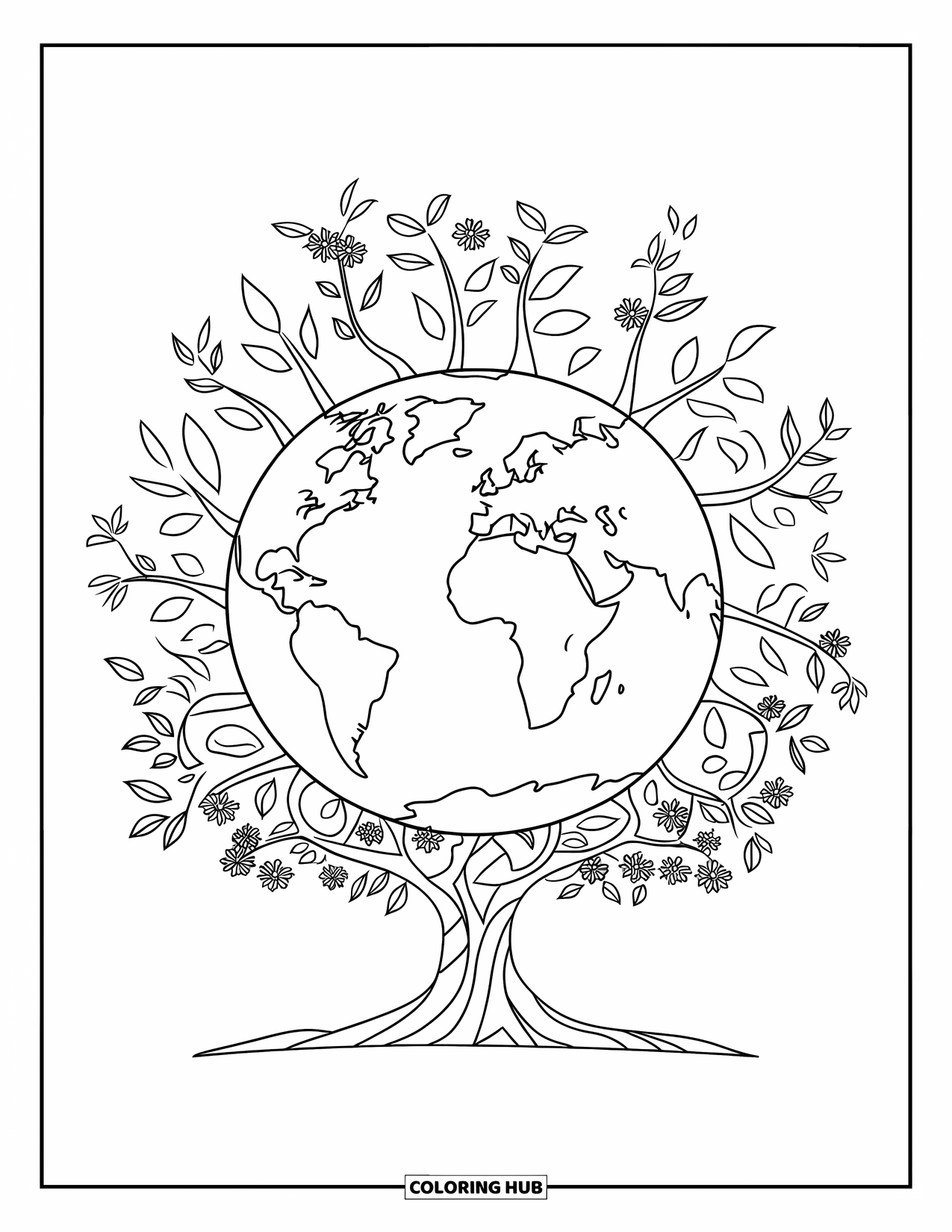 Coloriage Terre pour enfants : un arbre avec la Terre comme canopée, avec divers reliefs et océans, sur un fond blanc