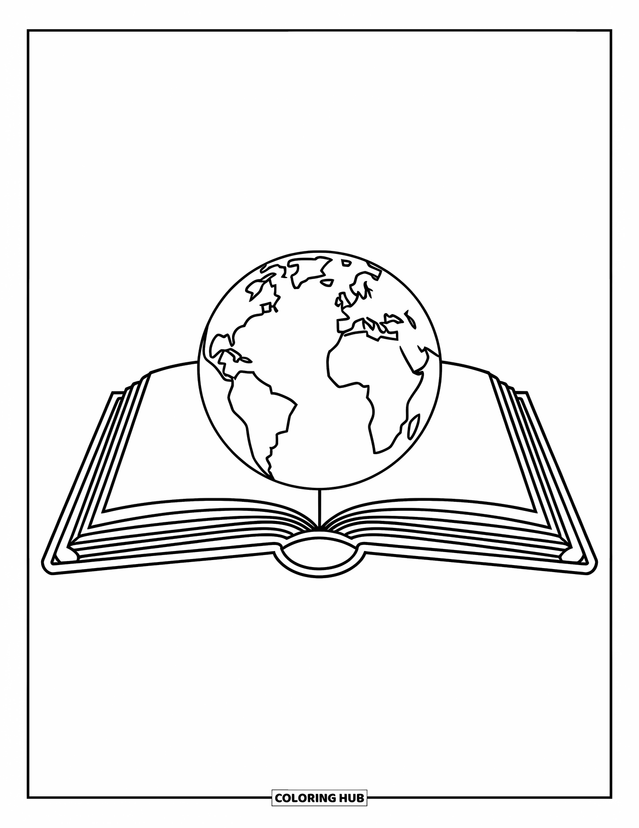 Coloriage Terre pour enfants : un livre ouvert avec une Terre stylisée qui en sort, avec des continents clairement définis